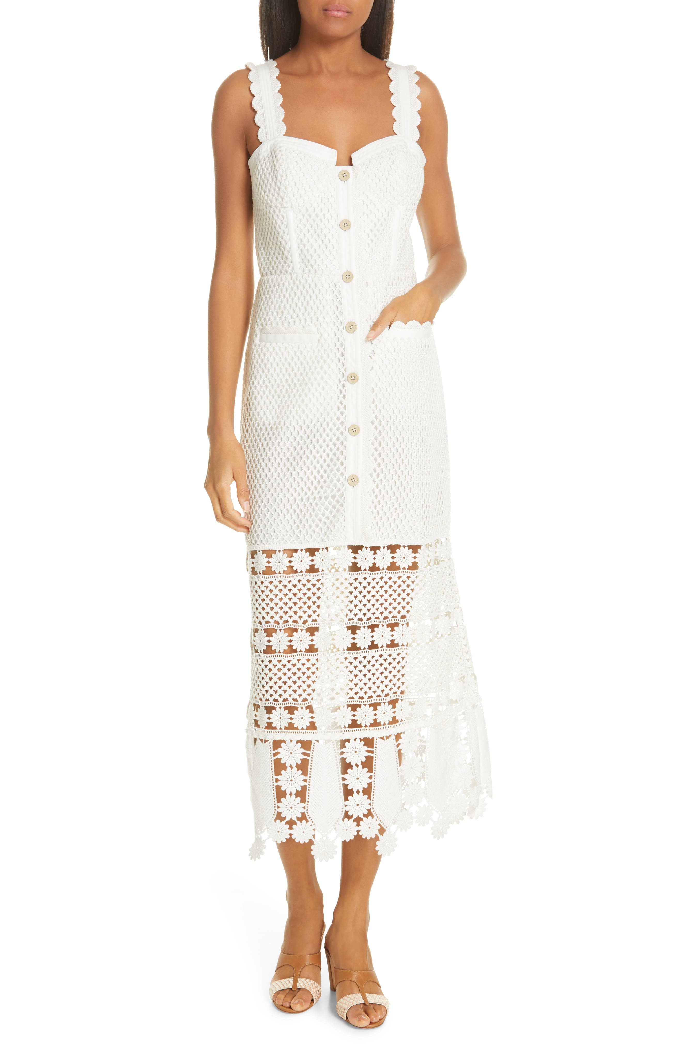 Self-Portrait Fishnet Crochet Lace Midi Dress, Ivory