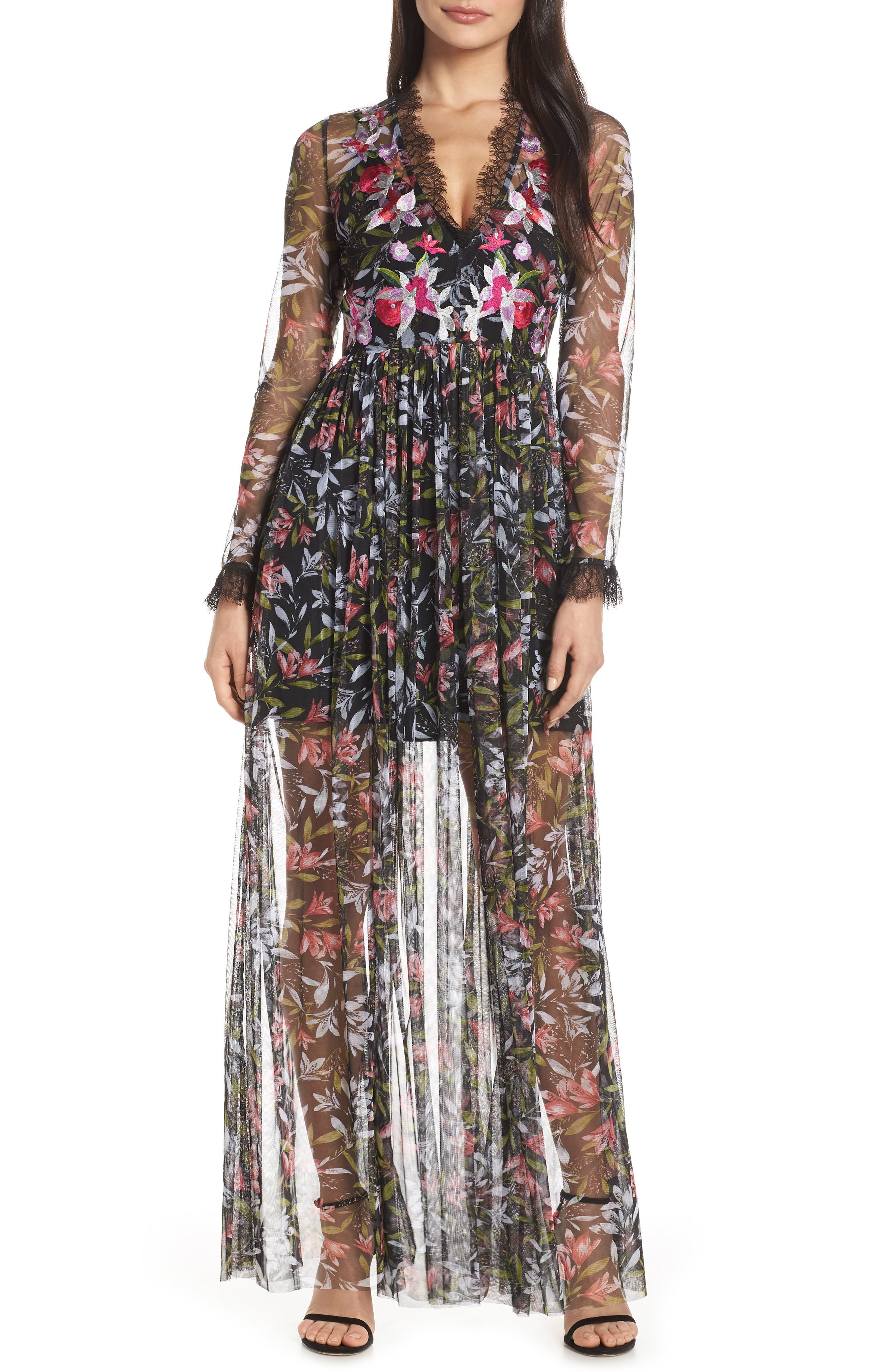 French Connection Embroidered Floral Maxi Dress, Black