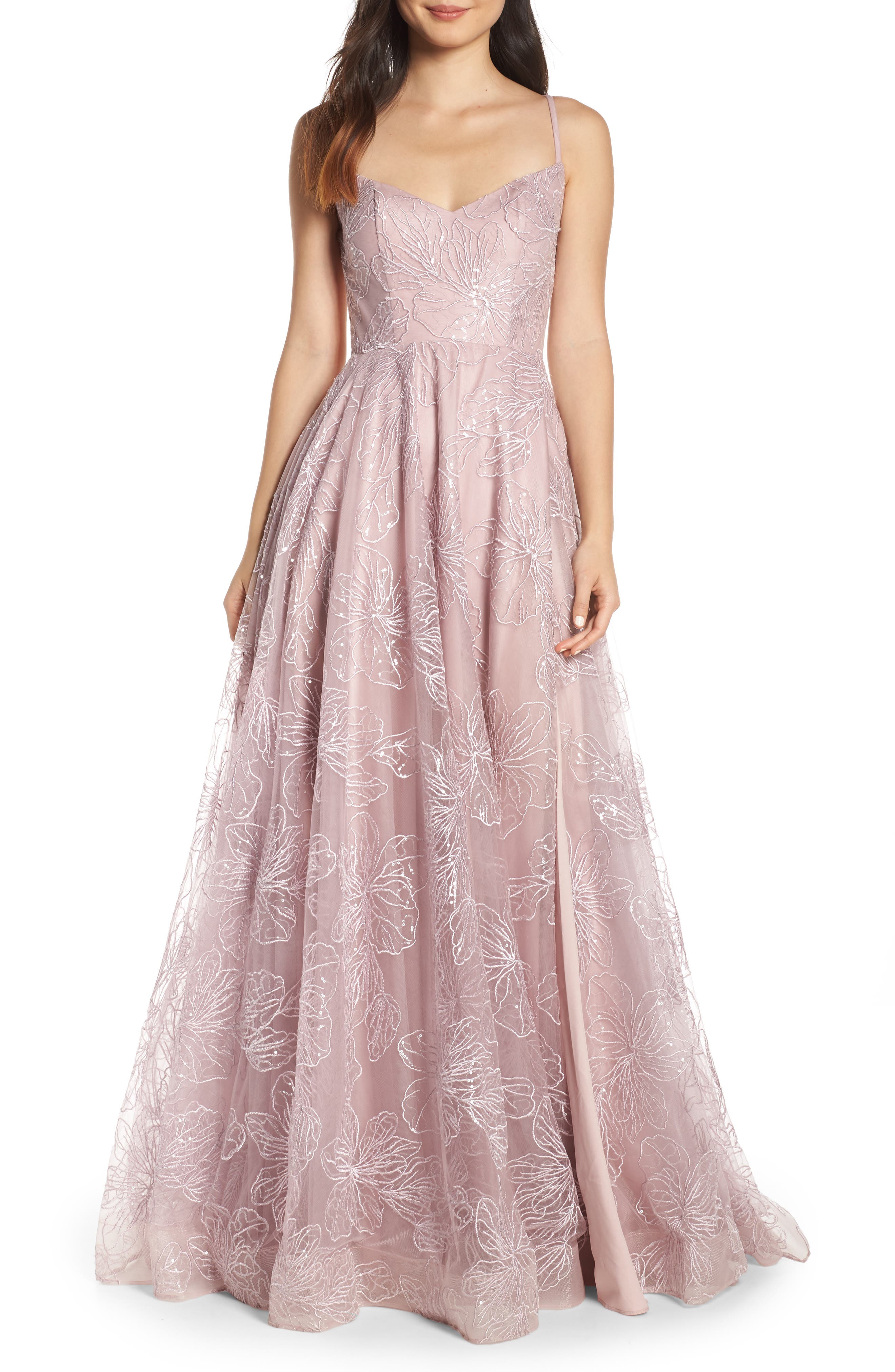 La Femme Metallic Floral Embellished Evening Dress, Purple