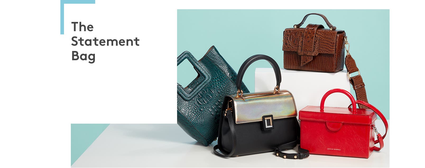 Statement bags including colorful, textured and metallic styles.