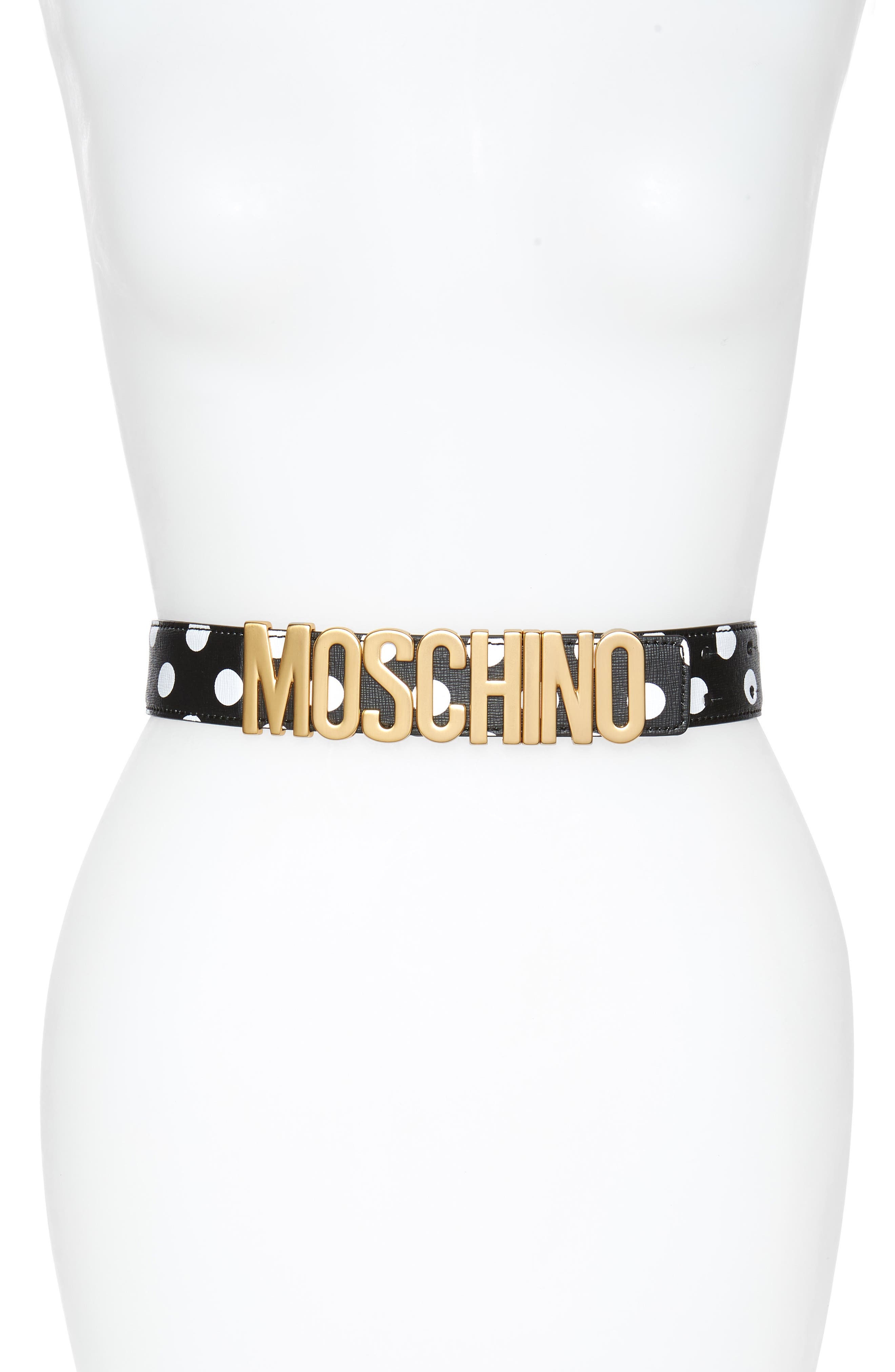 Moschino Logo Plate Polka Dot Saffiano Leather Belt, Black/ Gold