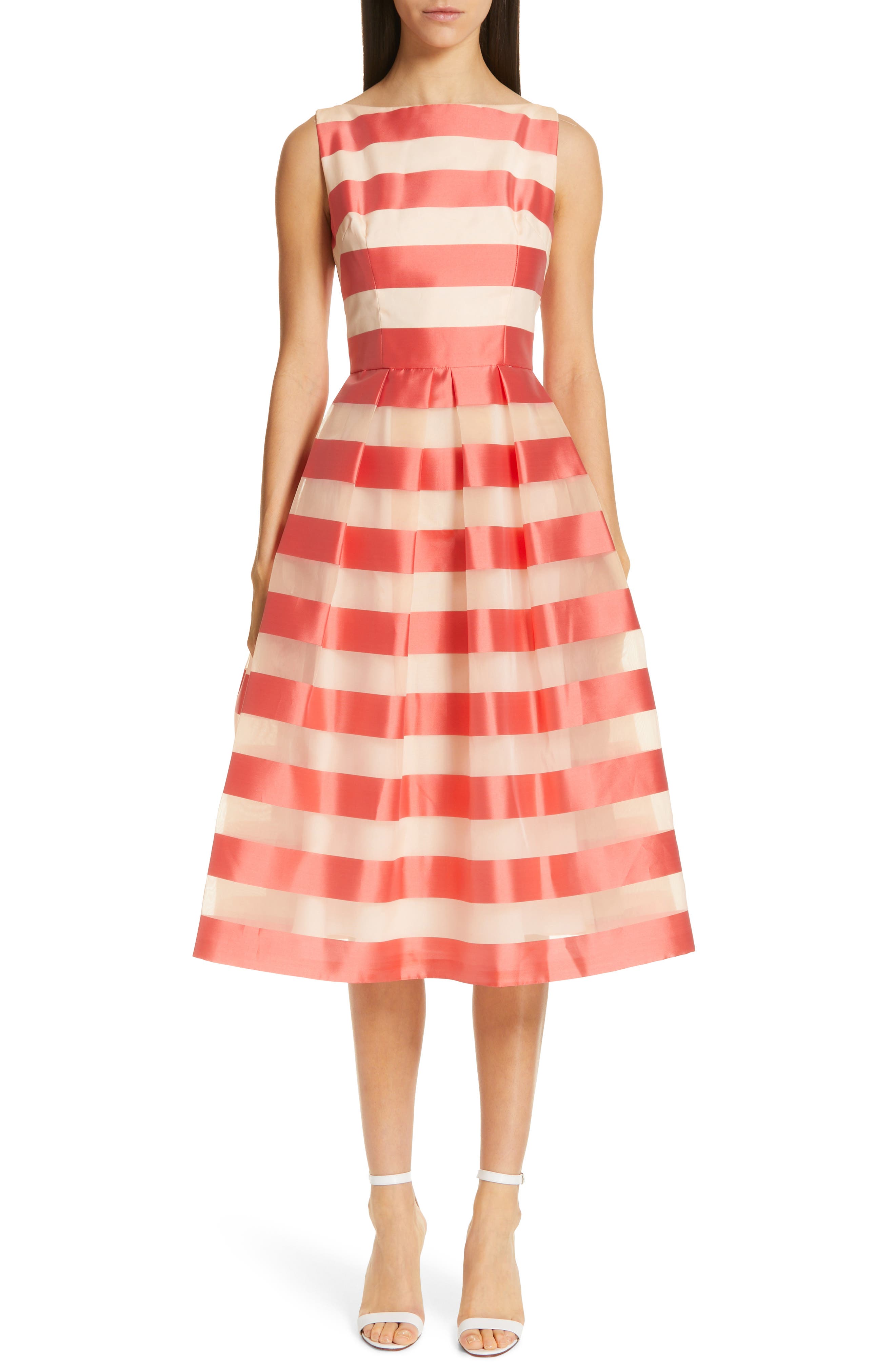 Lela Rose Boatneck Stripe Organza Dress, Coral
