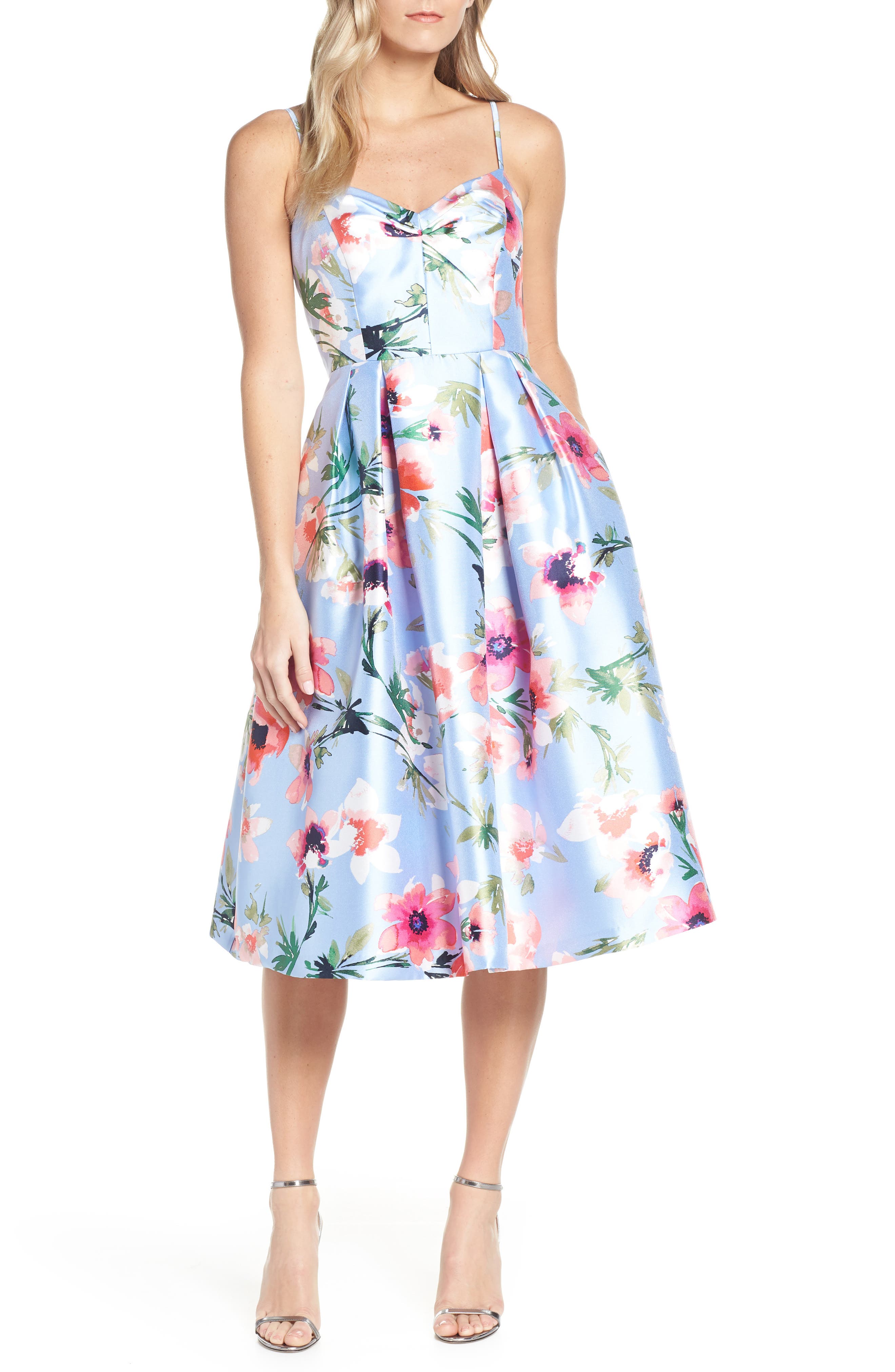 Eliza J Floral Print Satin Cocktail Dress, Blue