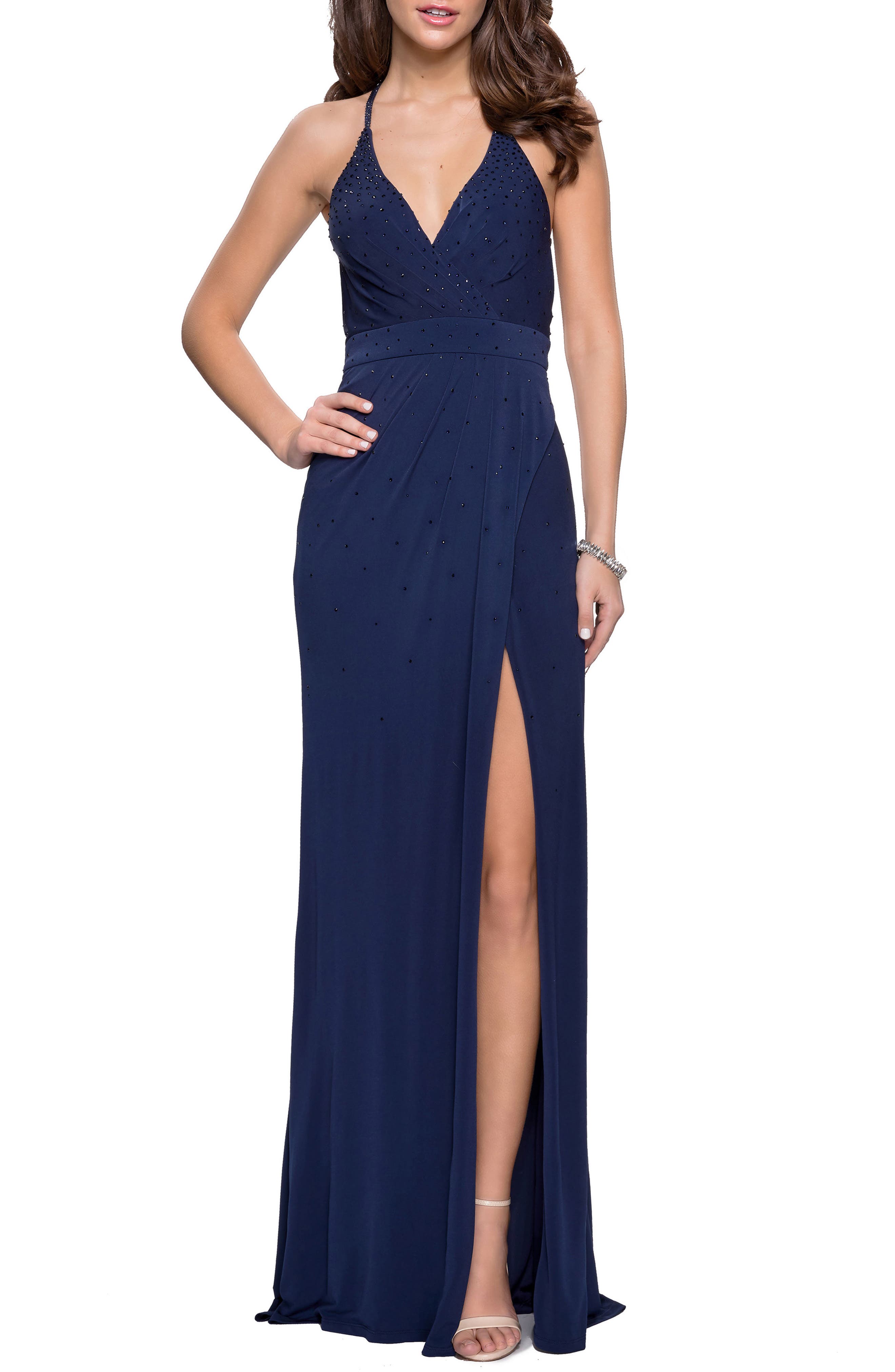 La Femme Studded Pleated Gown, Blue