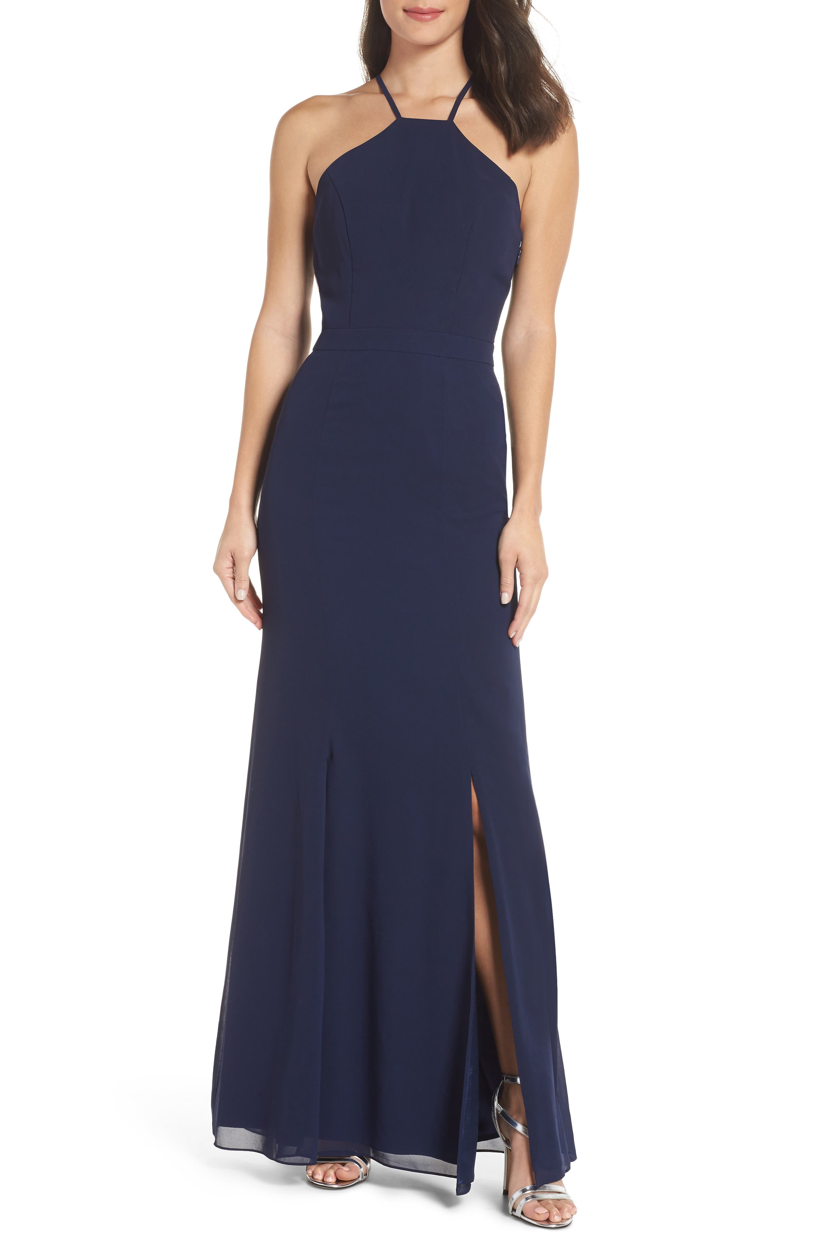 Chi Chi London Lace Back Halter Gown, Blue