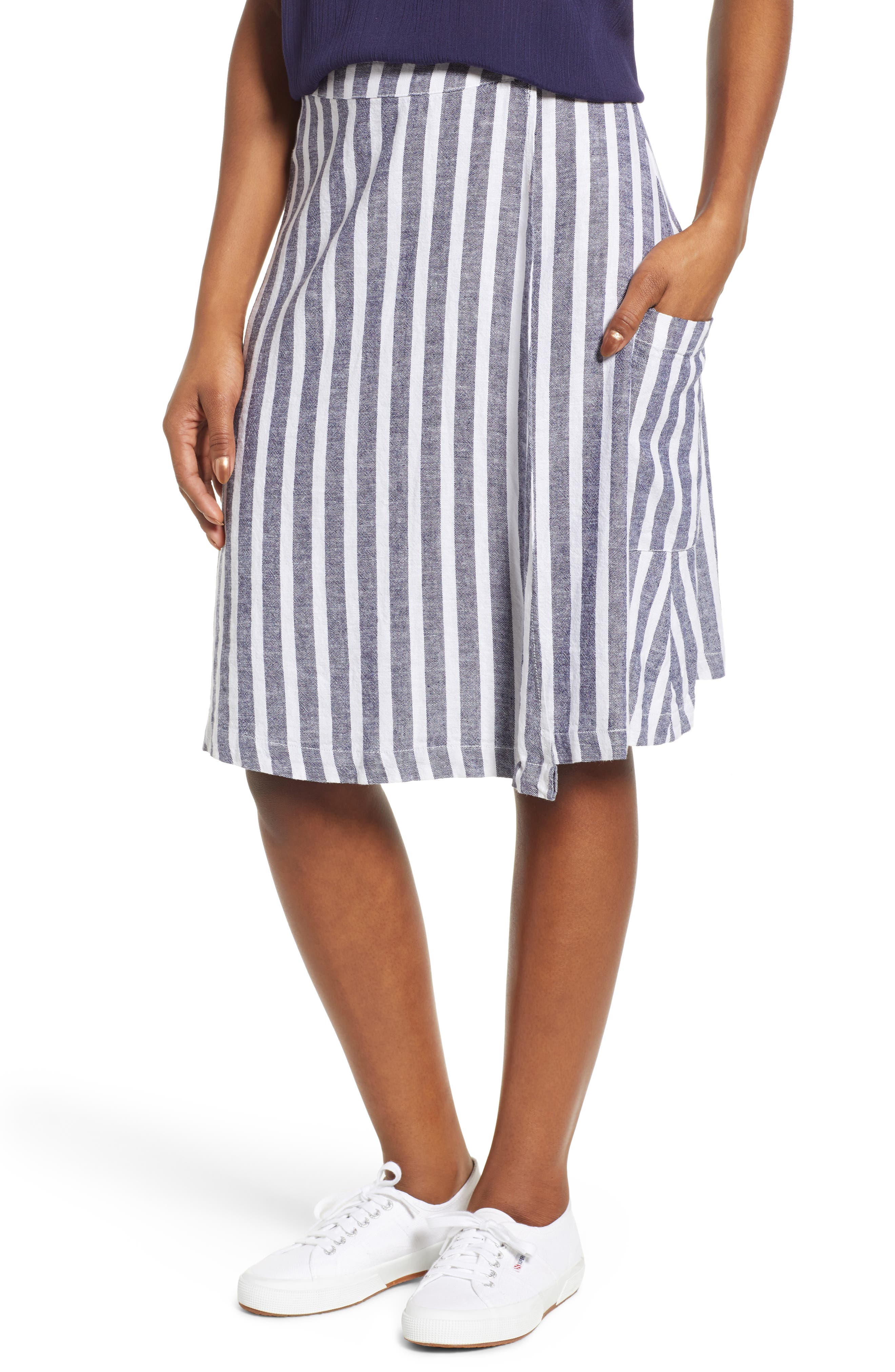 Caslon Stripe Linen Blend Wrap Skirt, Blue