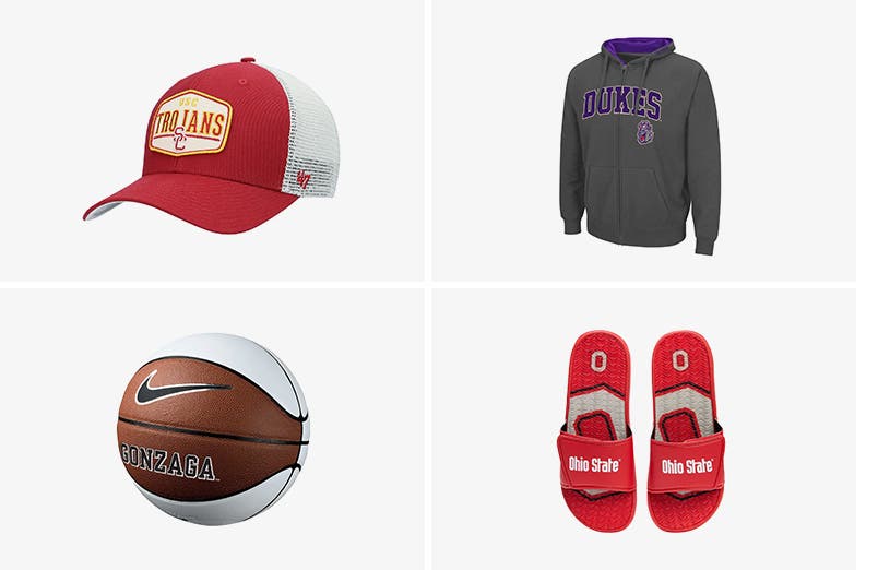 NCAA clothing and memorabilia: USC hat, JMU Dukes hoodie, Nike basketball with the Gonzaga logo and Ohio State slide sandals.