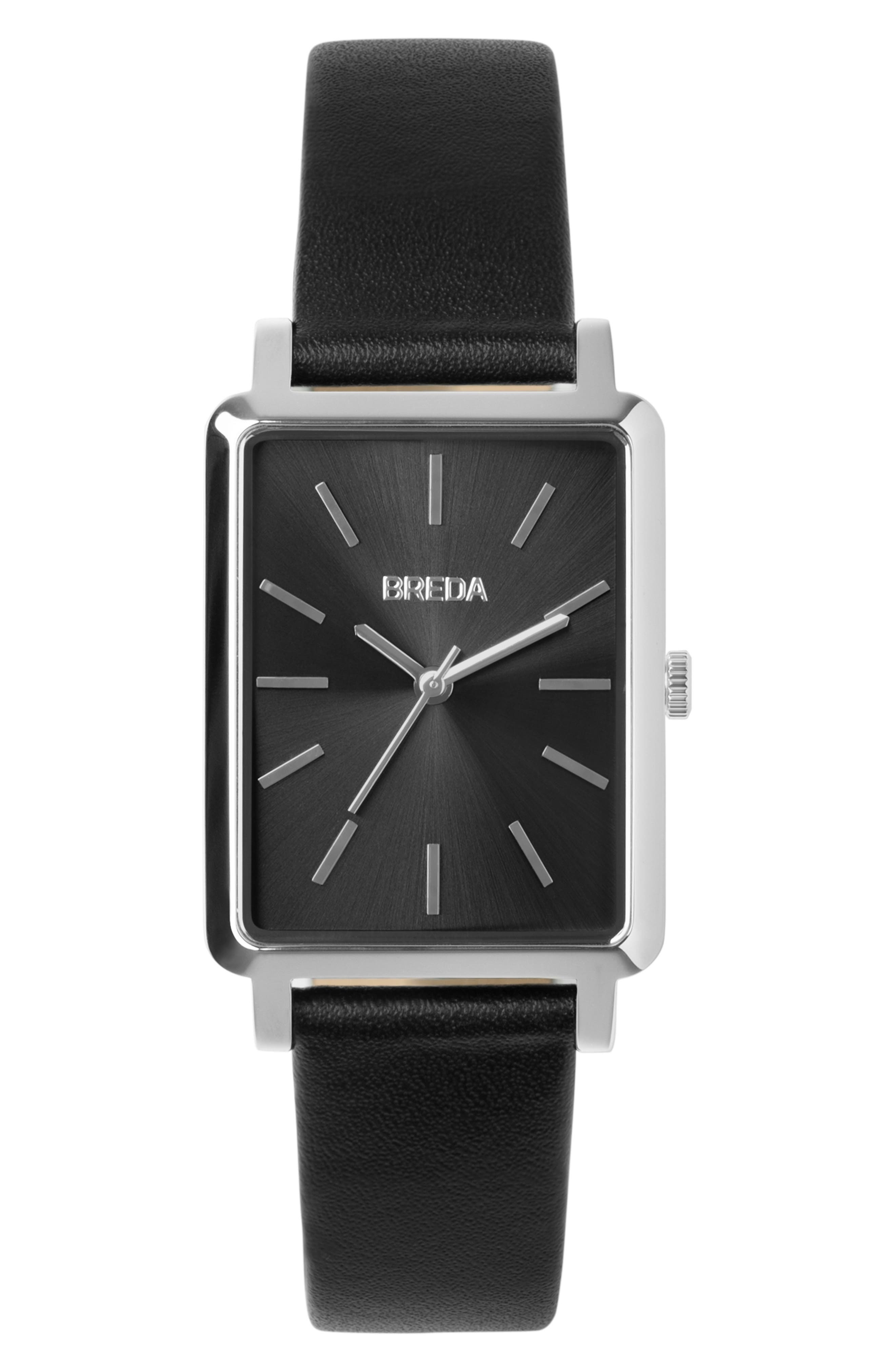 Breda Baer Rectangular Leather Strap Watch, 2m