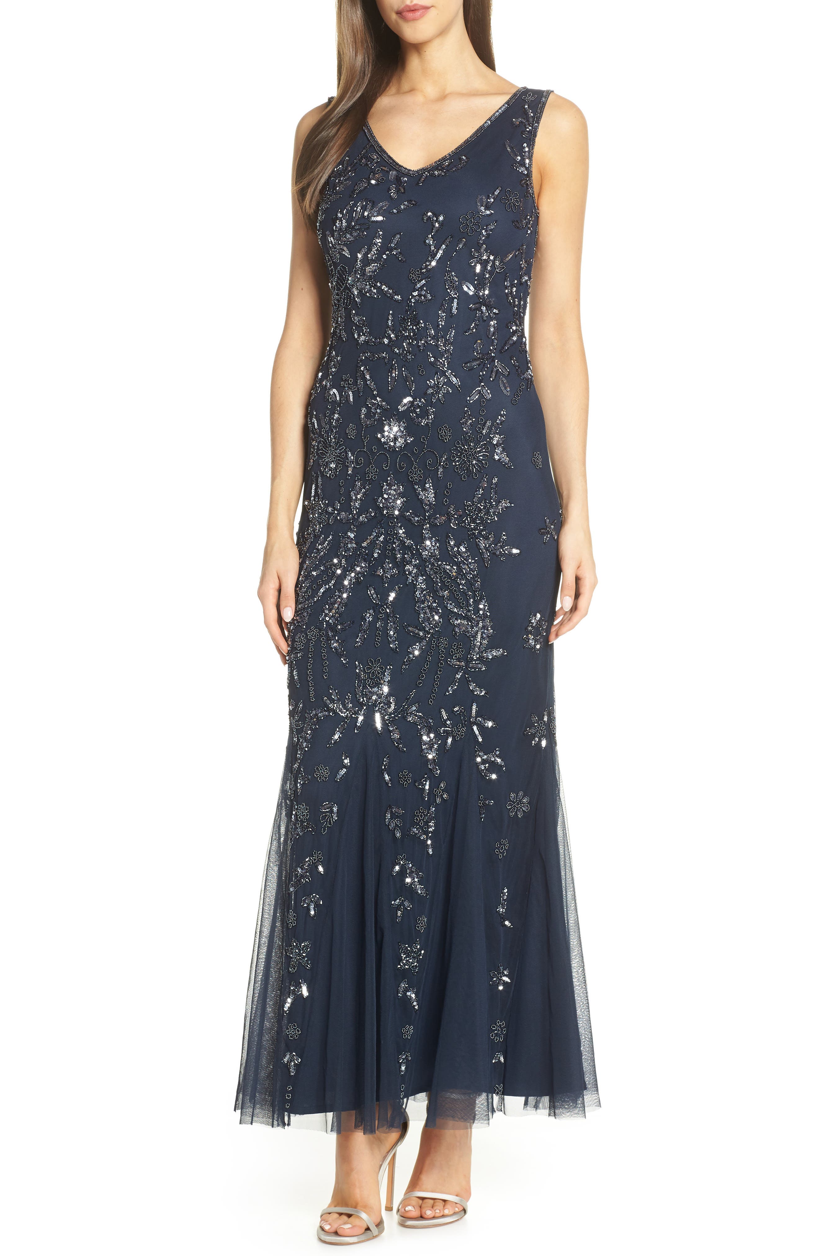 Pisarro Nights Embellished Mesh Gown, Blue