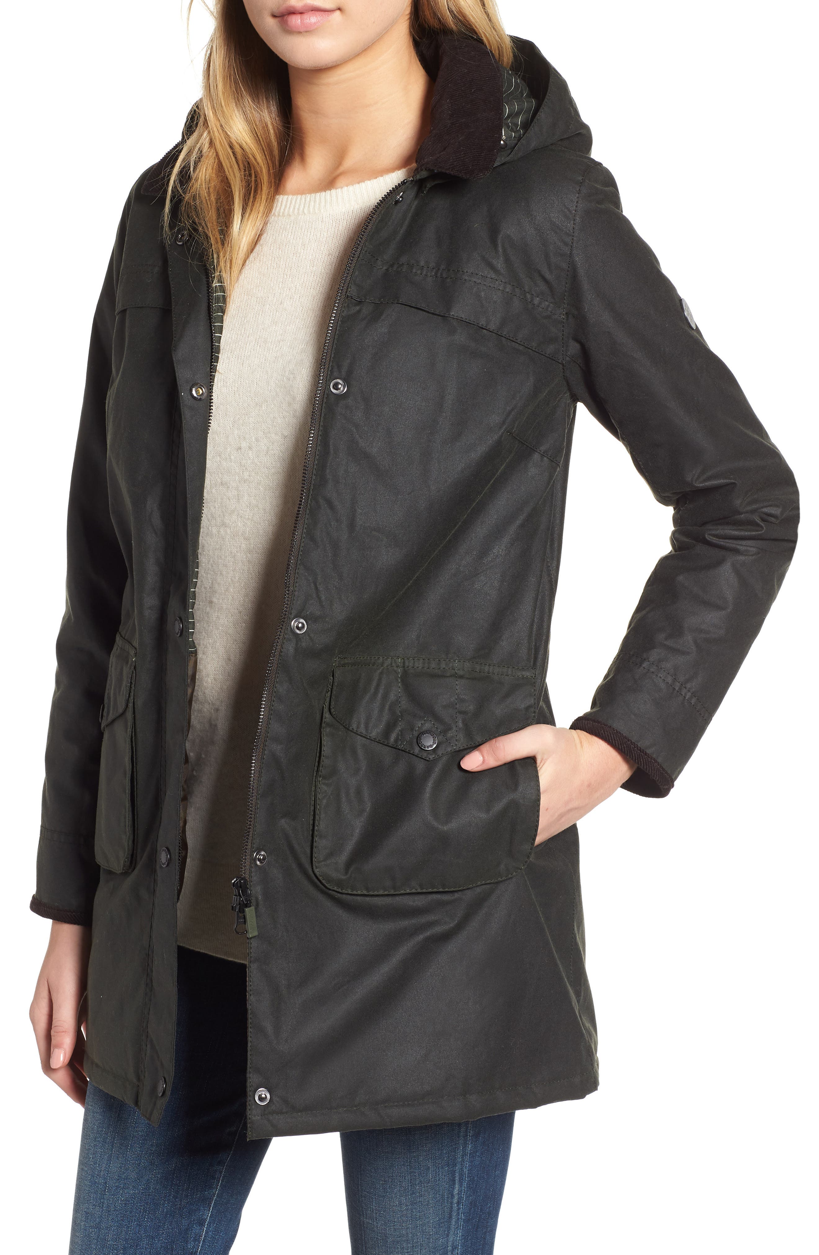 Barbour Sandbanks Water Resistant Waxed Cotton Hooded Jacket, US / 14 UK - Black