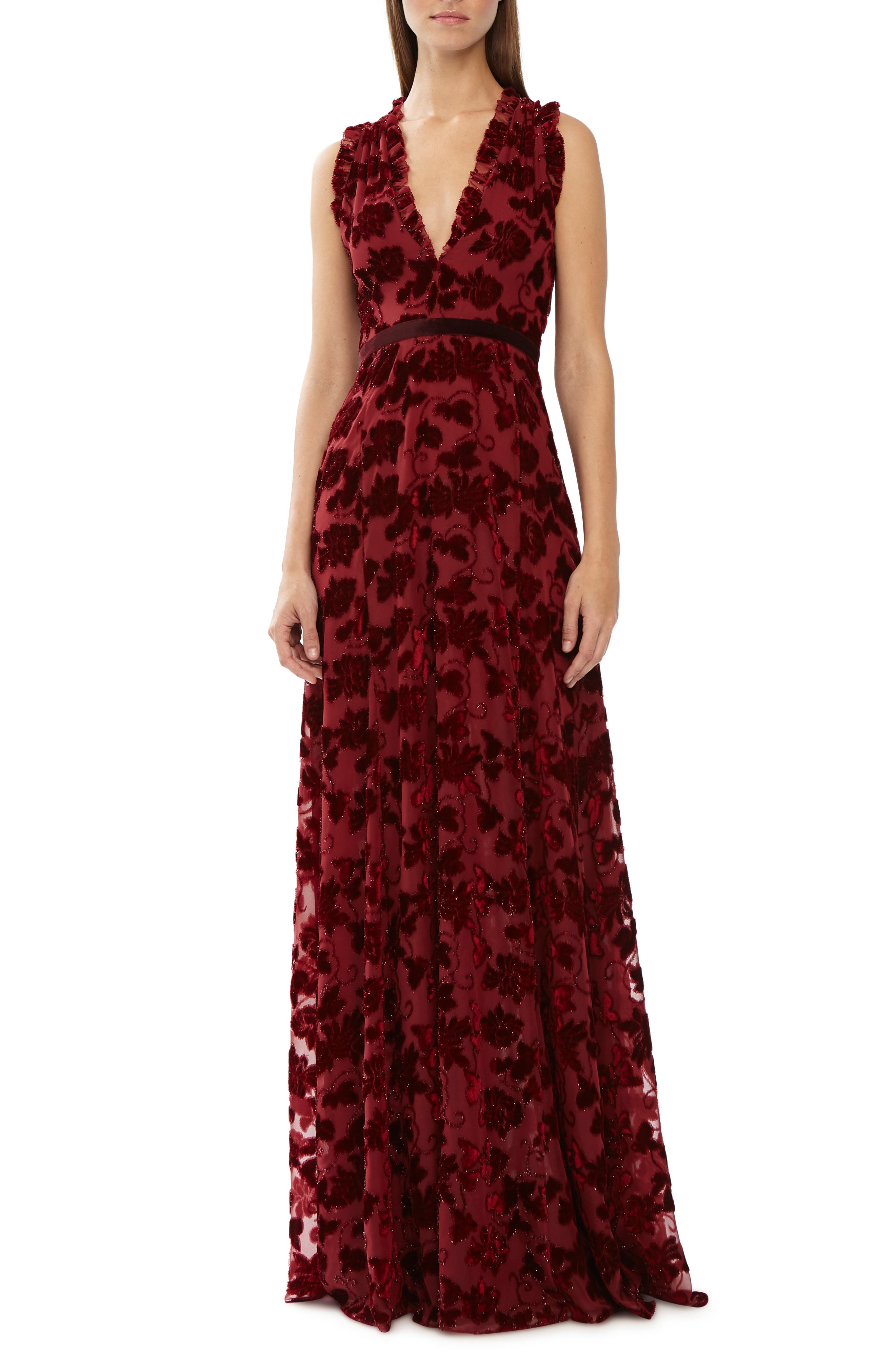 Ml Monique Lhuillier Red Mesh Velvet Gown