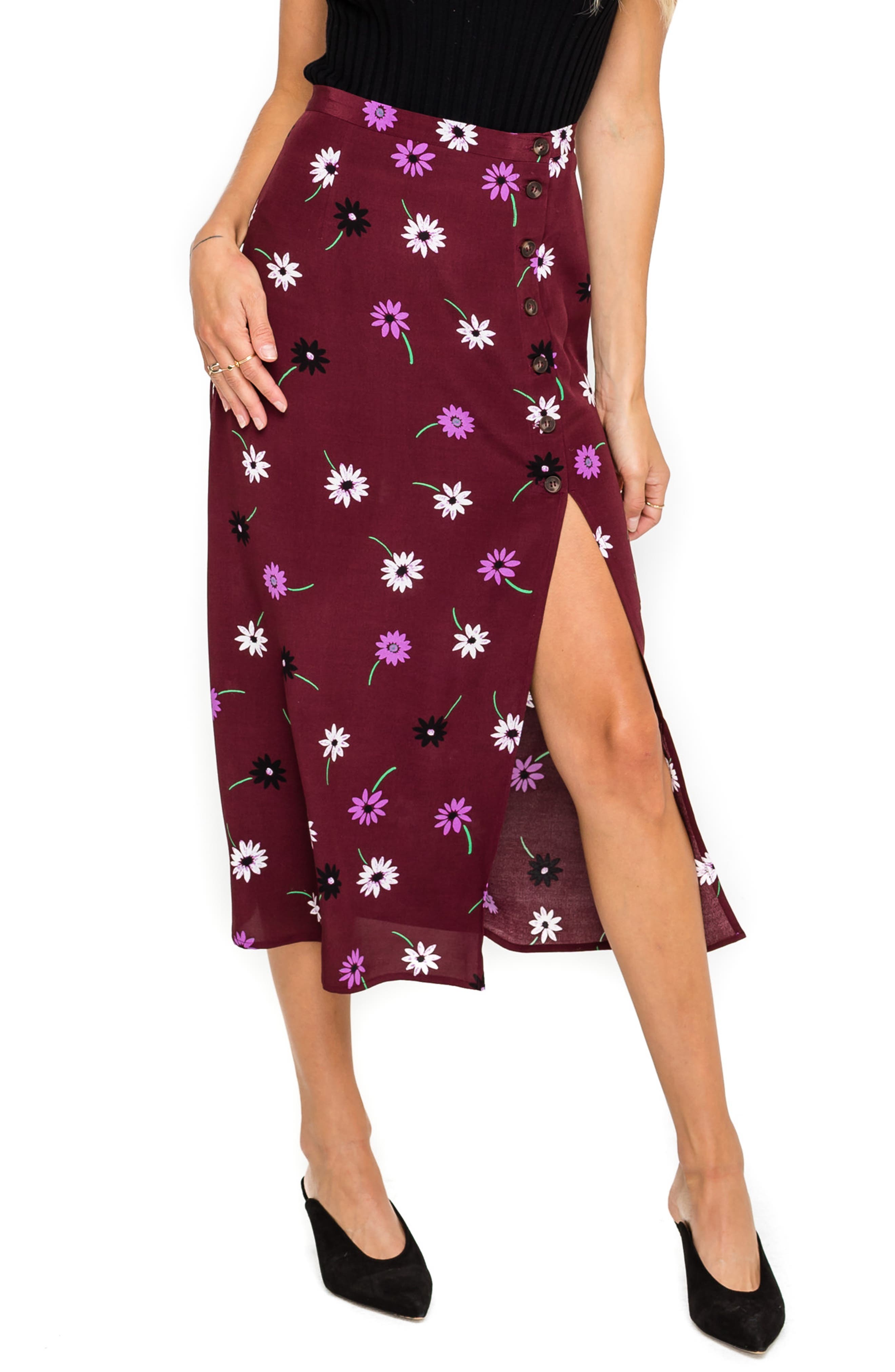 Astr The Label Button Side Slit Midi Skirt, Burgundy