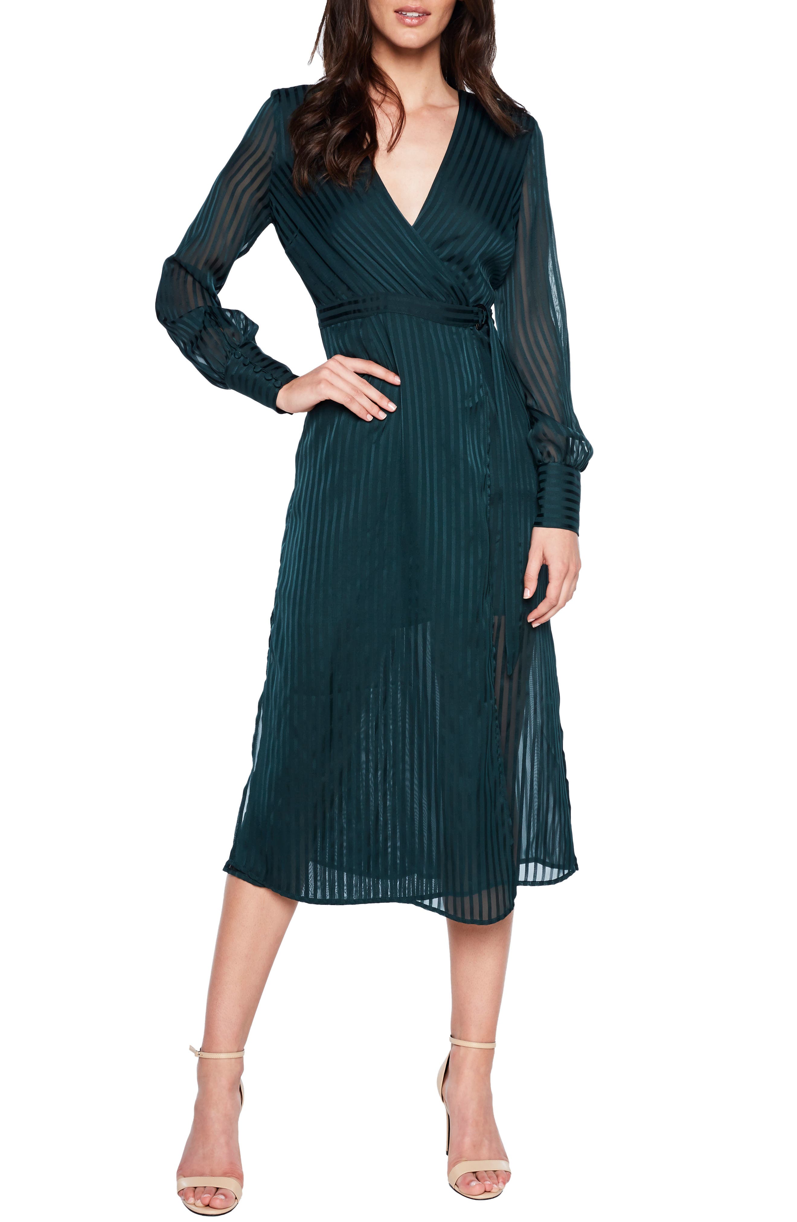 Bardot Shadow Stripe Faux Wrap Midi Dress, Green