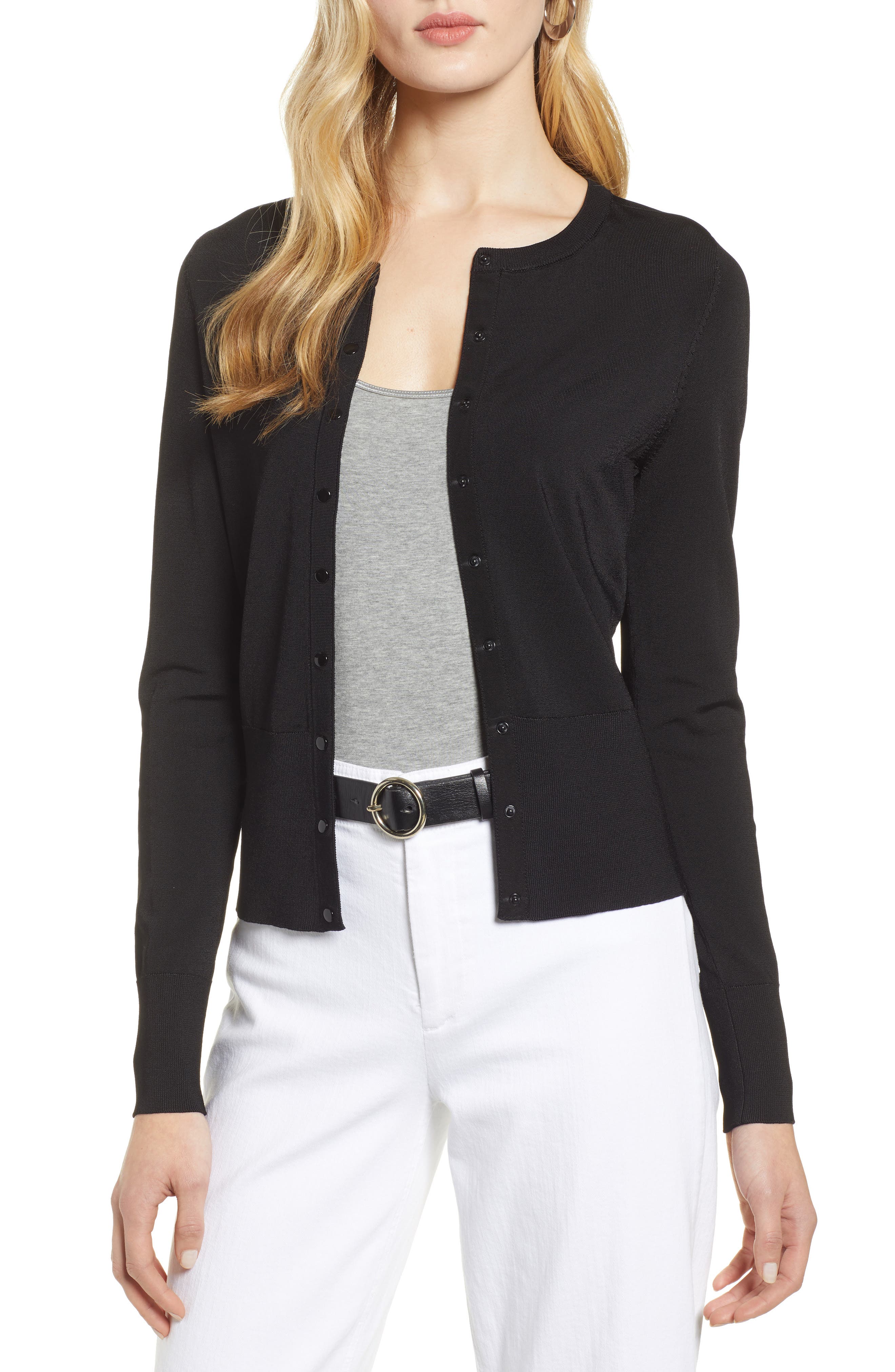 Petite Halogen Snap Front Cardigan, Black