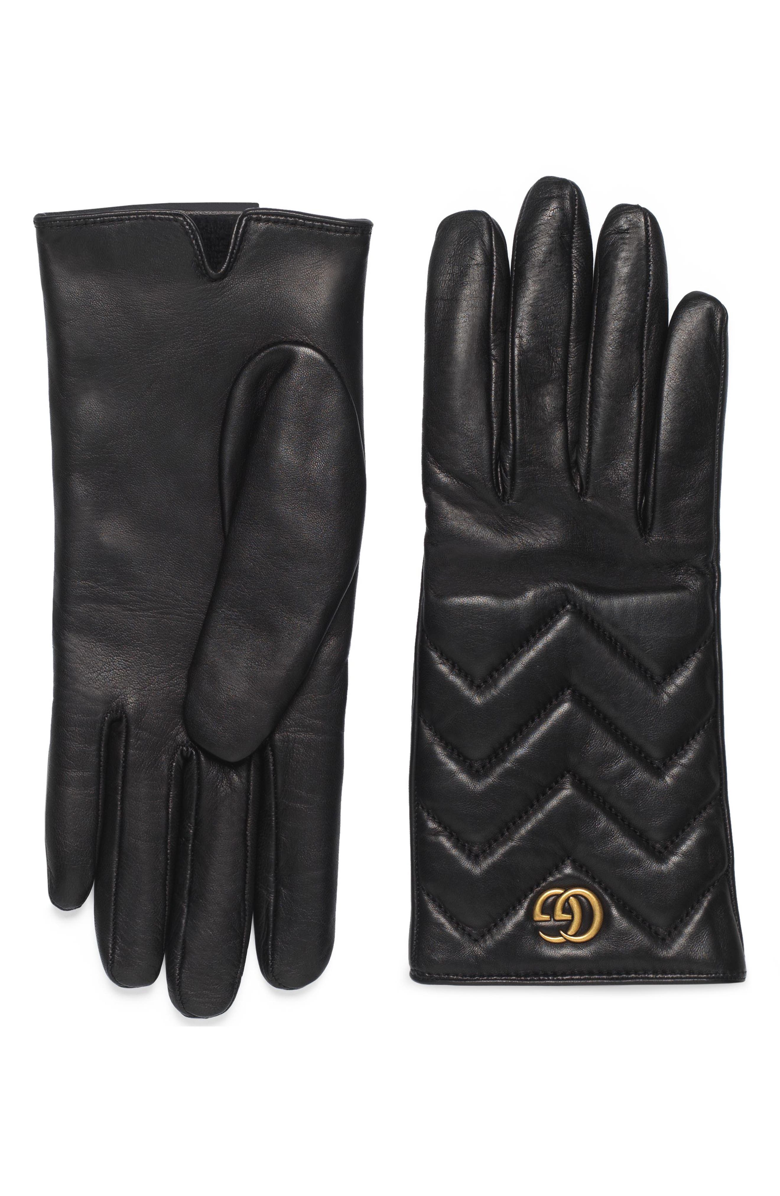Gucci Gg Marmont Cashmere Lined Leather Gloves, Black