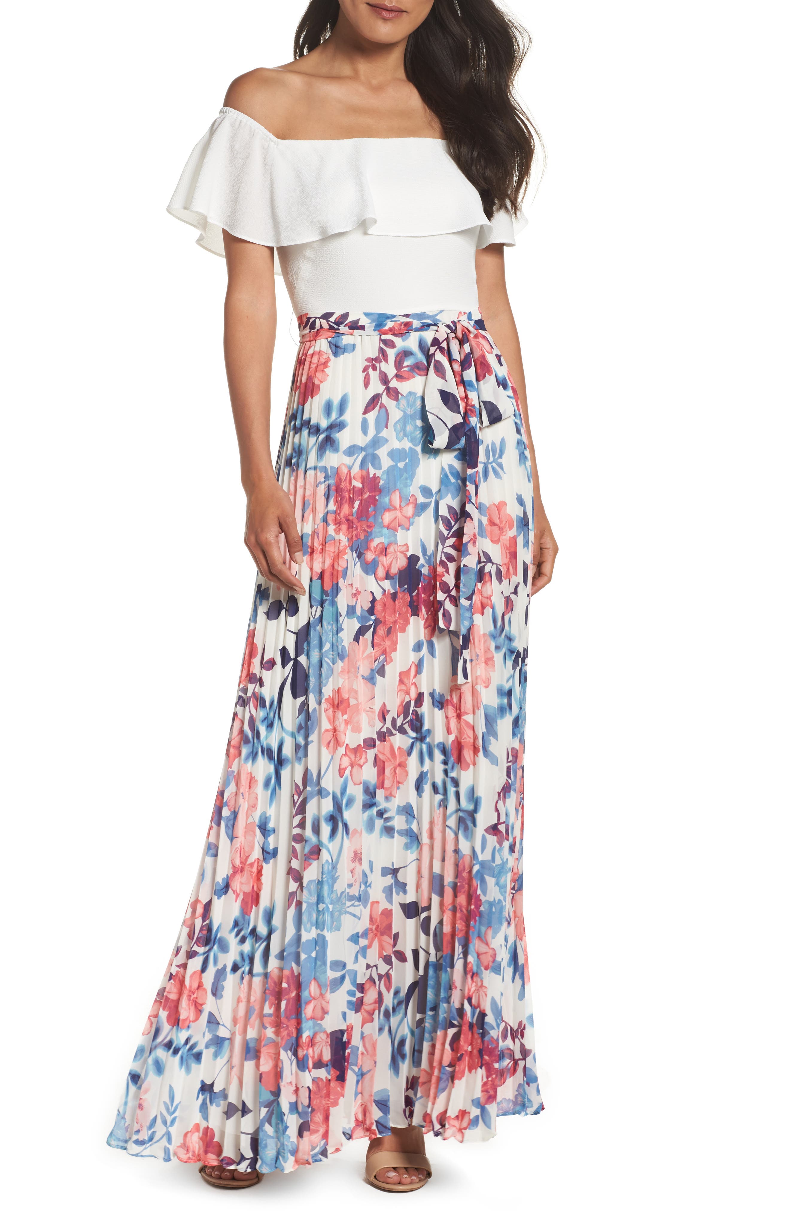 Eliza J Off The Shoulder Floral Maxi Dress, Ivory