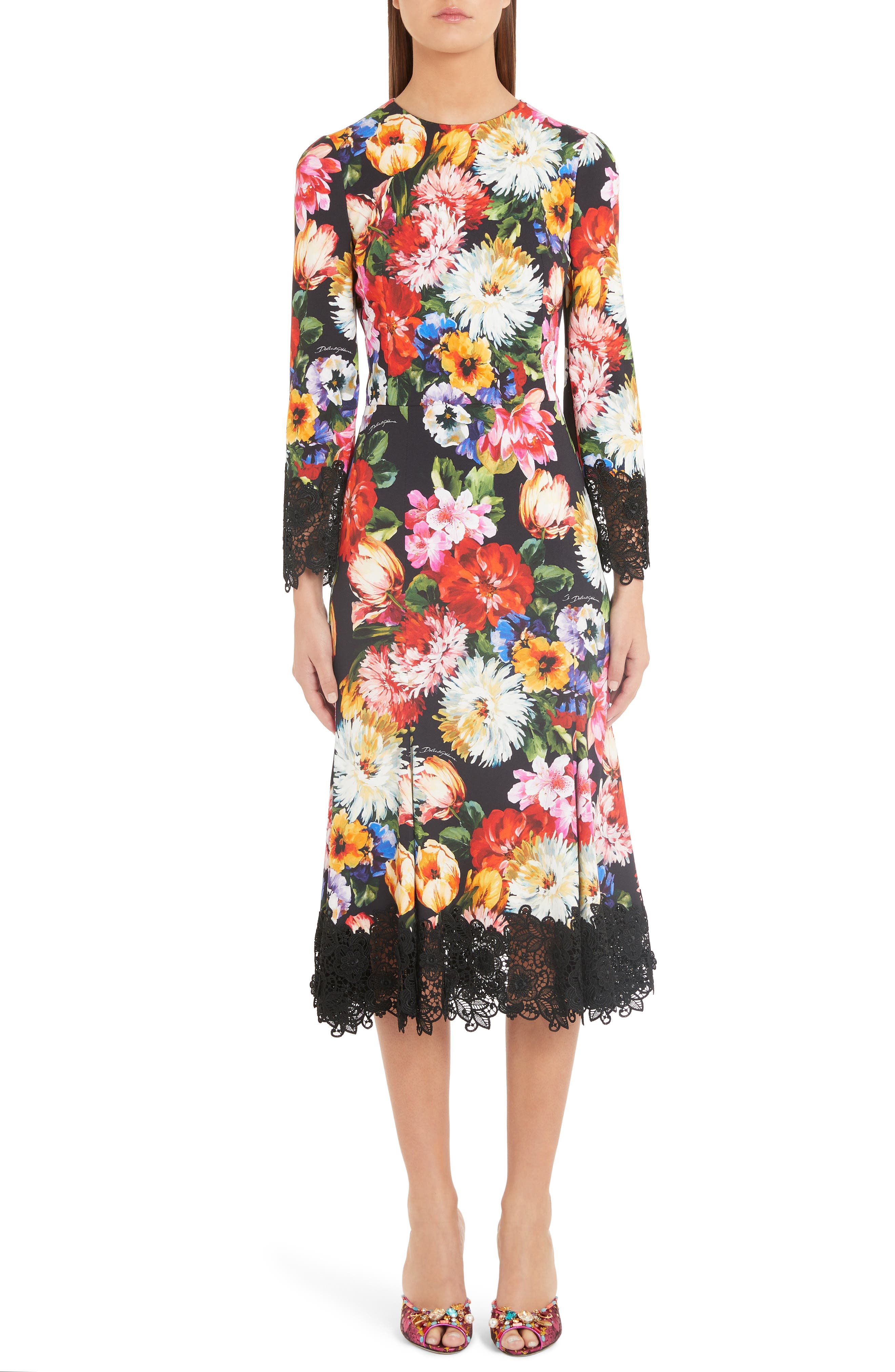 Dolce & gabbana Floral Print Lace Detail Cady Dress, US / 40 IT - Black