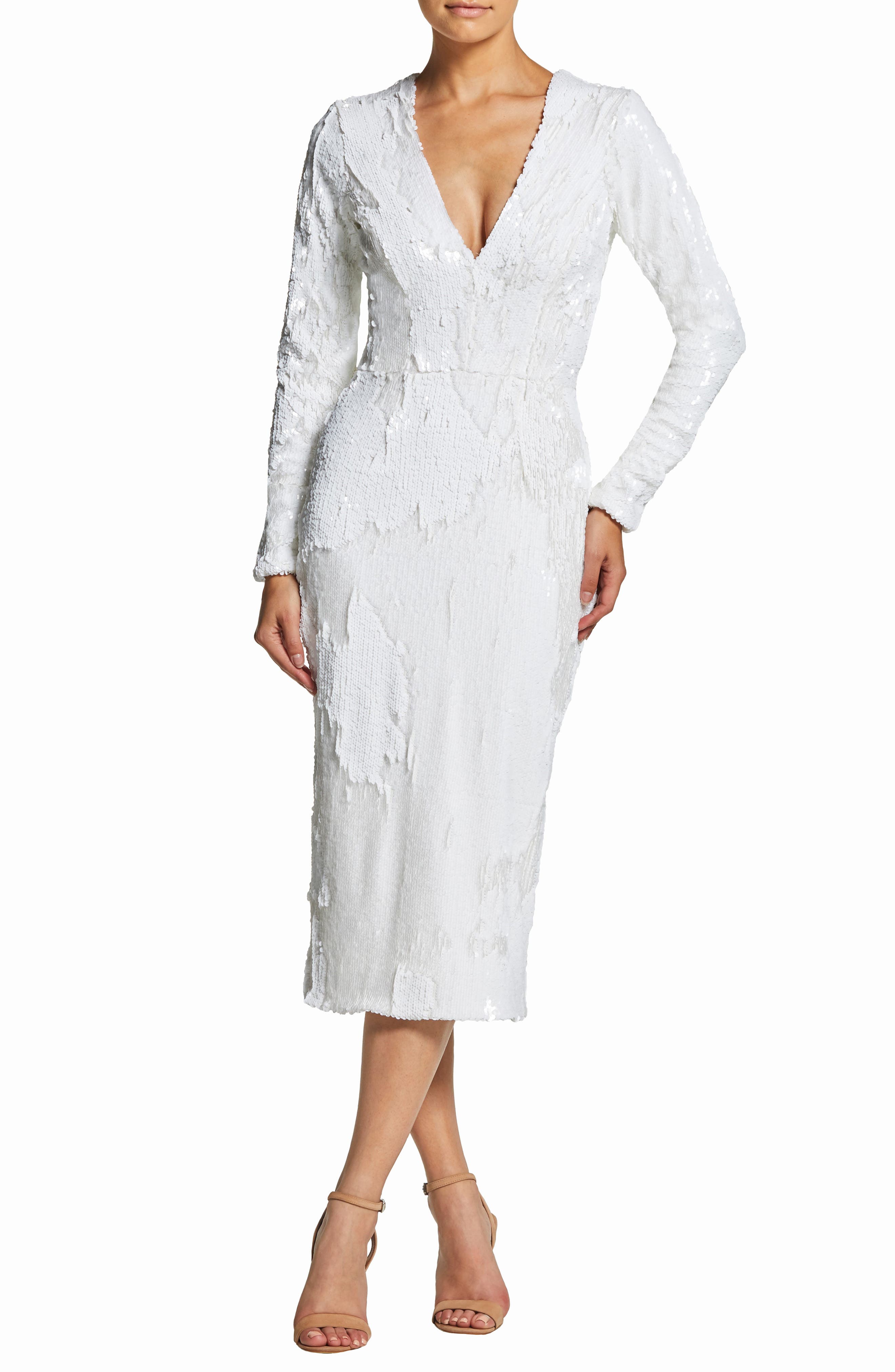 Dress The Population Elizabeth Plunge Midi Dress, White