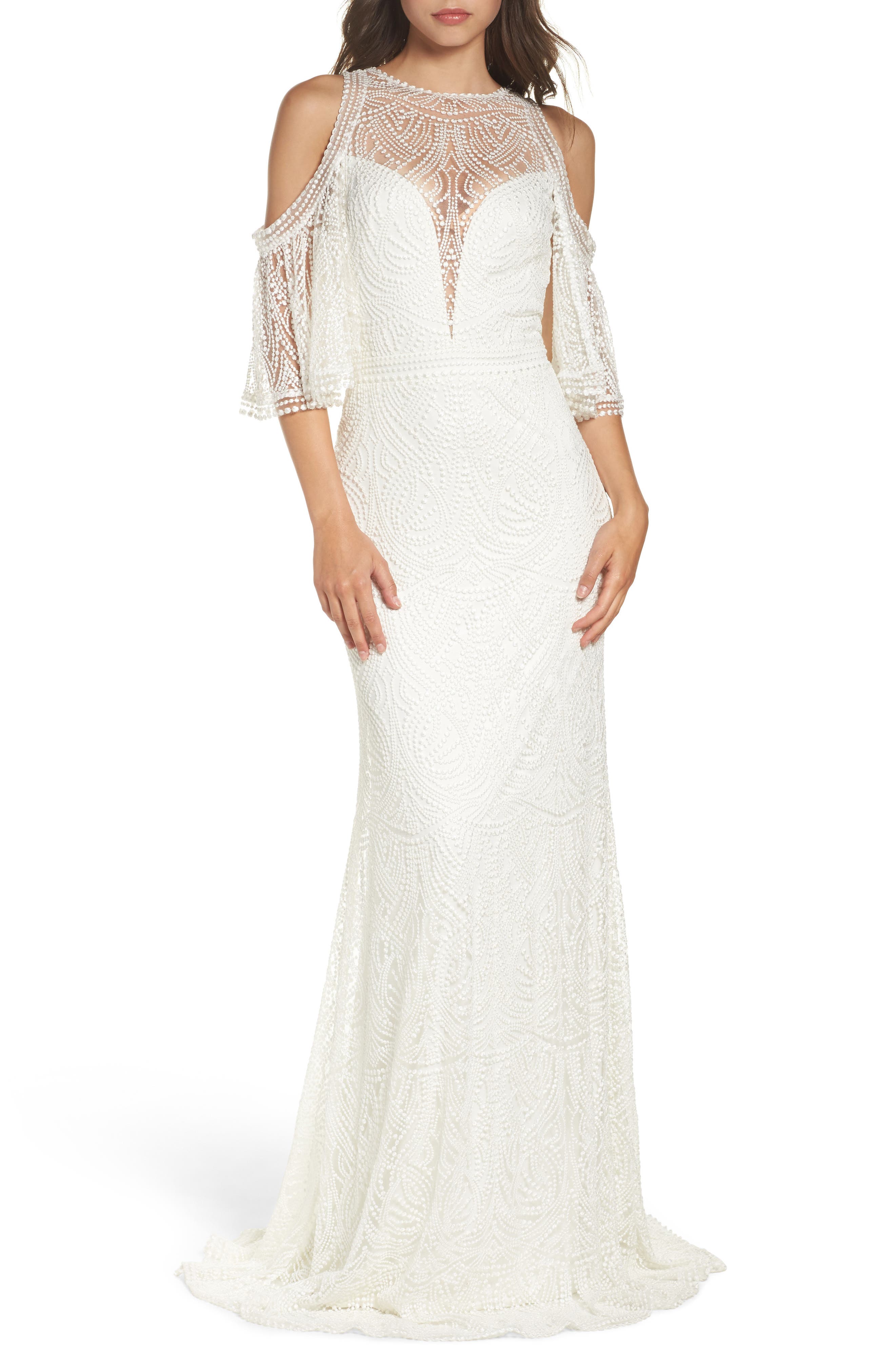 Tadashi Shoji Embroidered Cold Shoulder Mesh Gown, Ivory