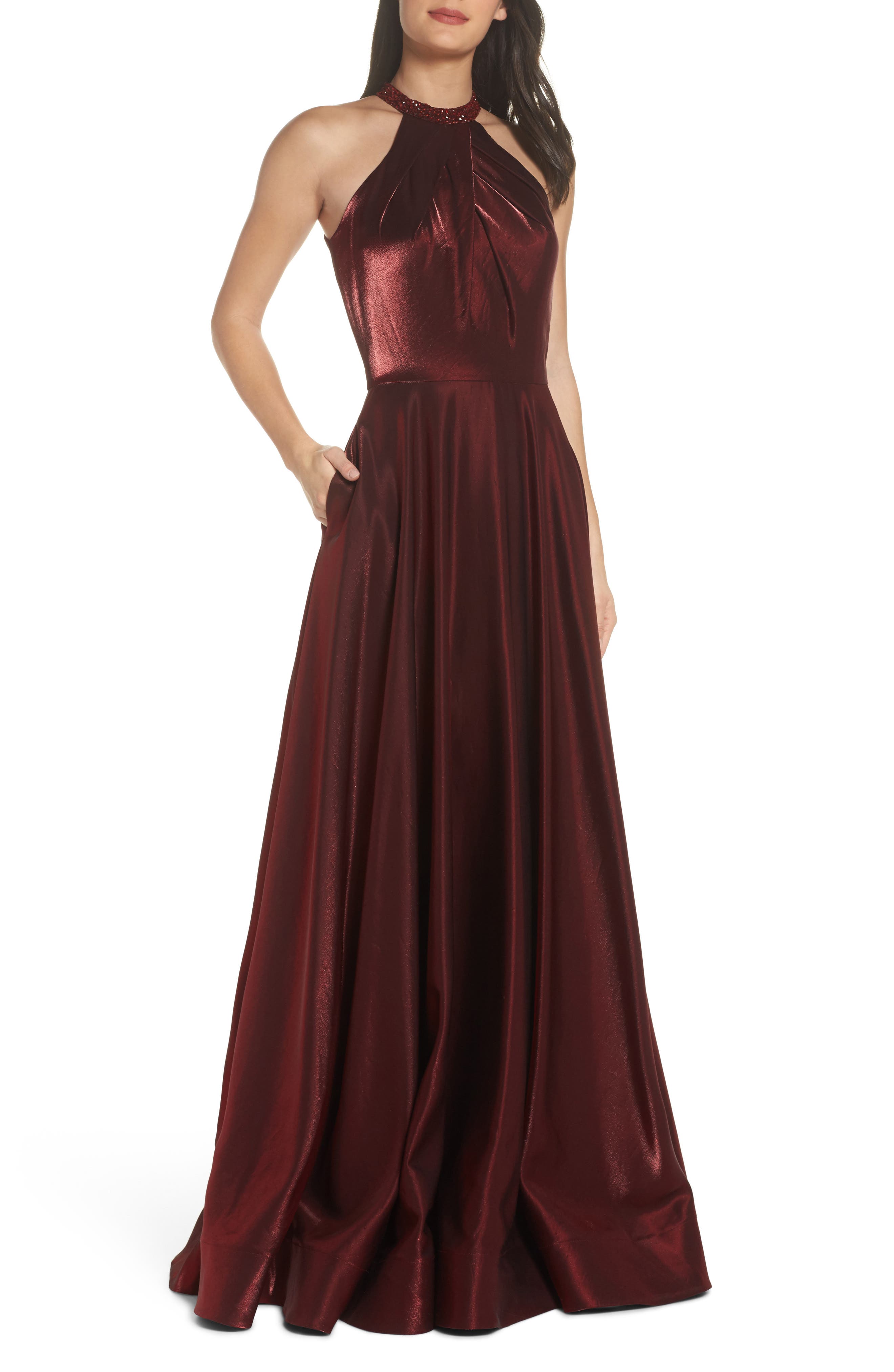 La Femme Beaded Halter Neck A-Line Gown, Red