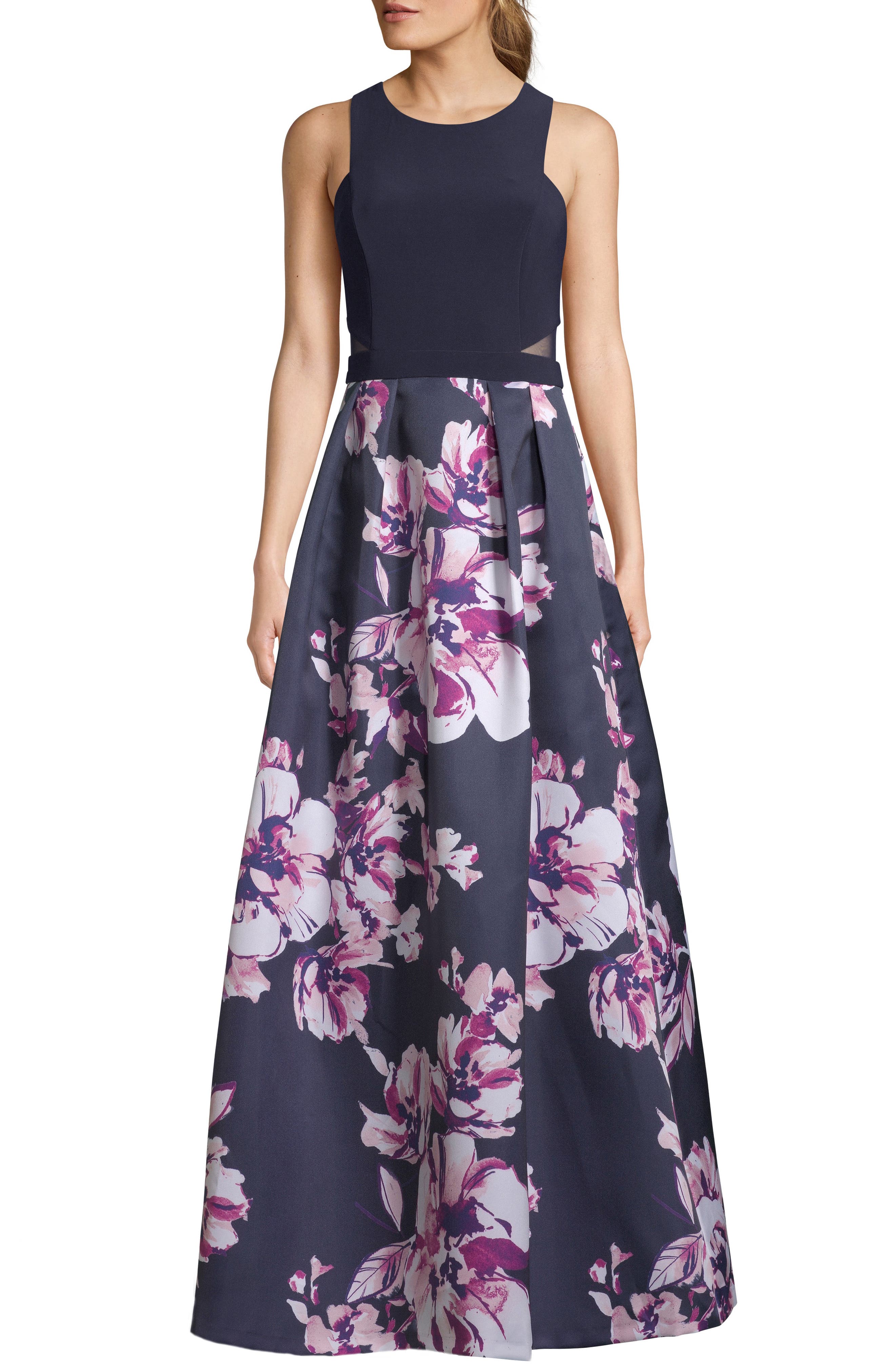 Xscape Floral Skirt Evening Dress, Blue
