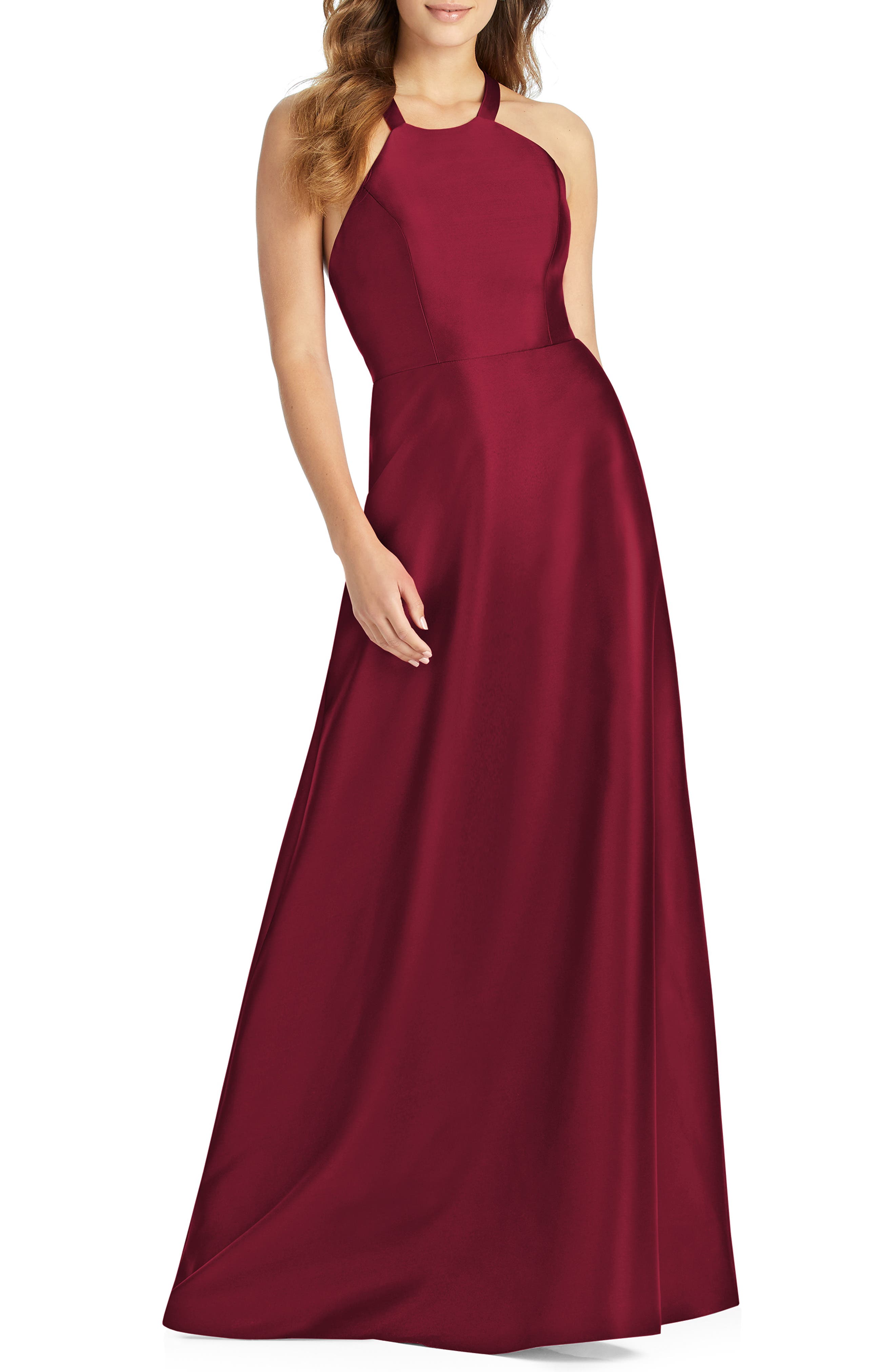Alfred Sung Lace-Up Back Sateen Twill Gown, Burgundy