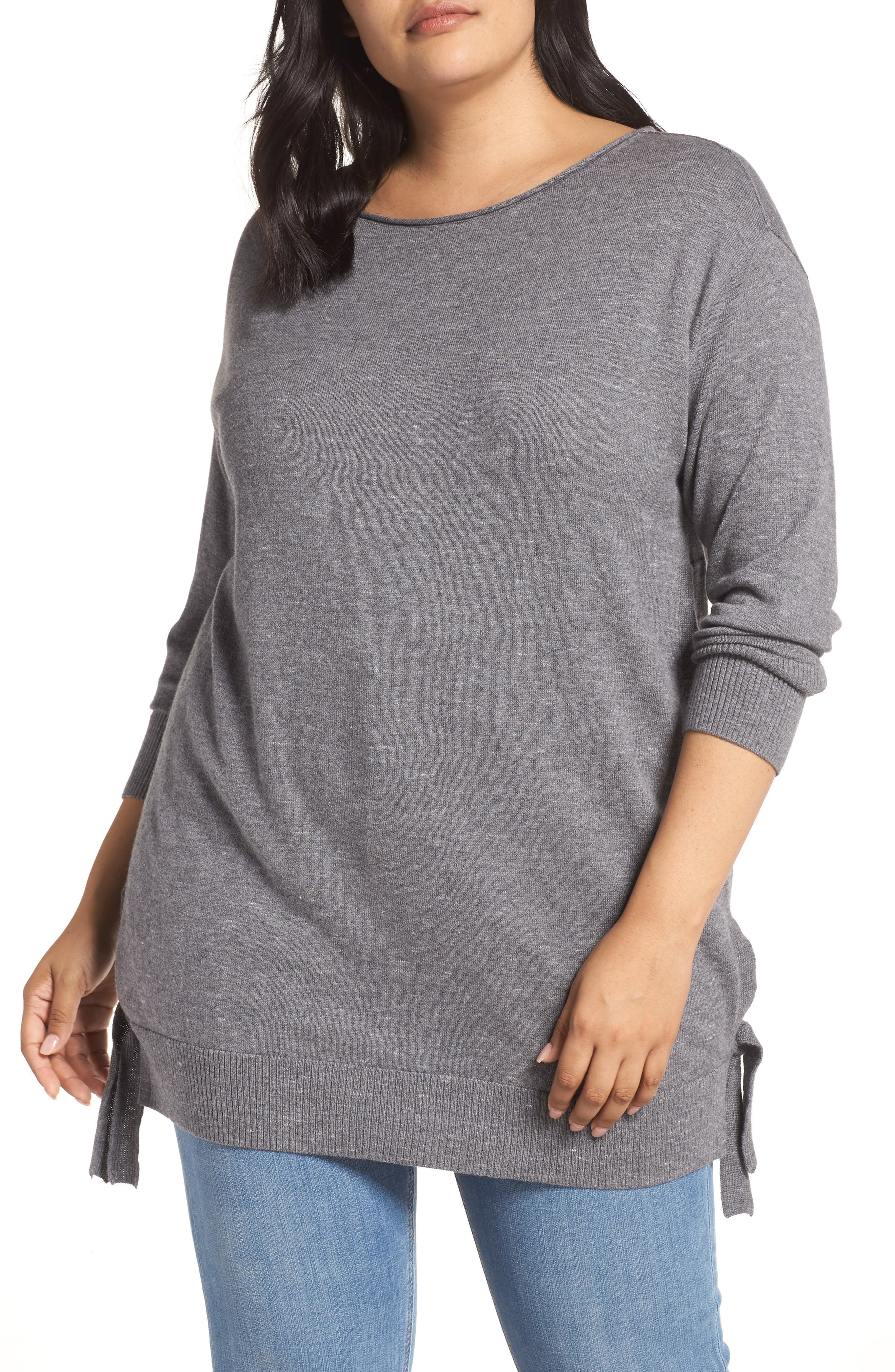 Plus Size Caslon Side Tie Detail Cotton & Wool Sweater, Grey