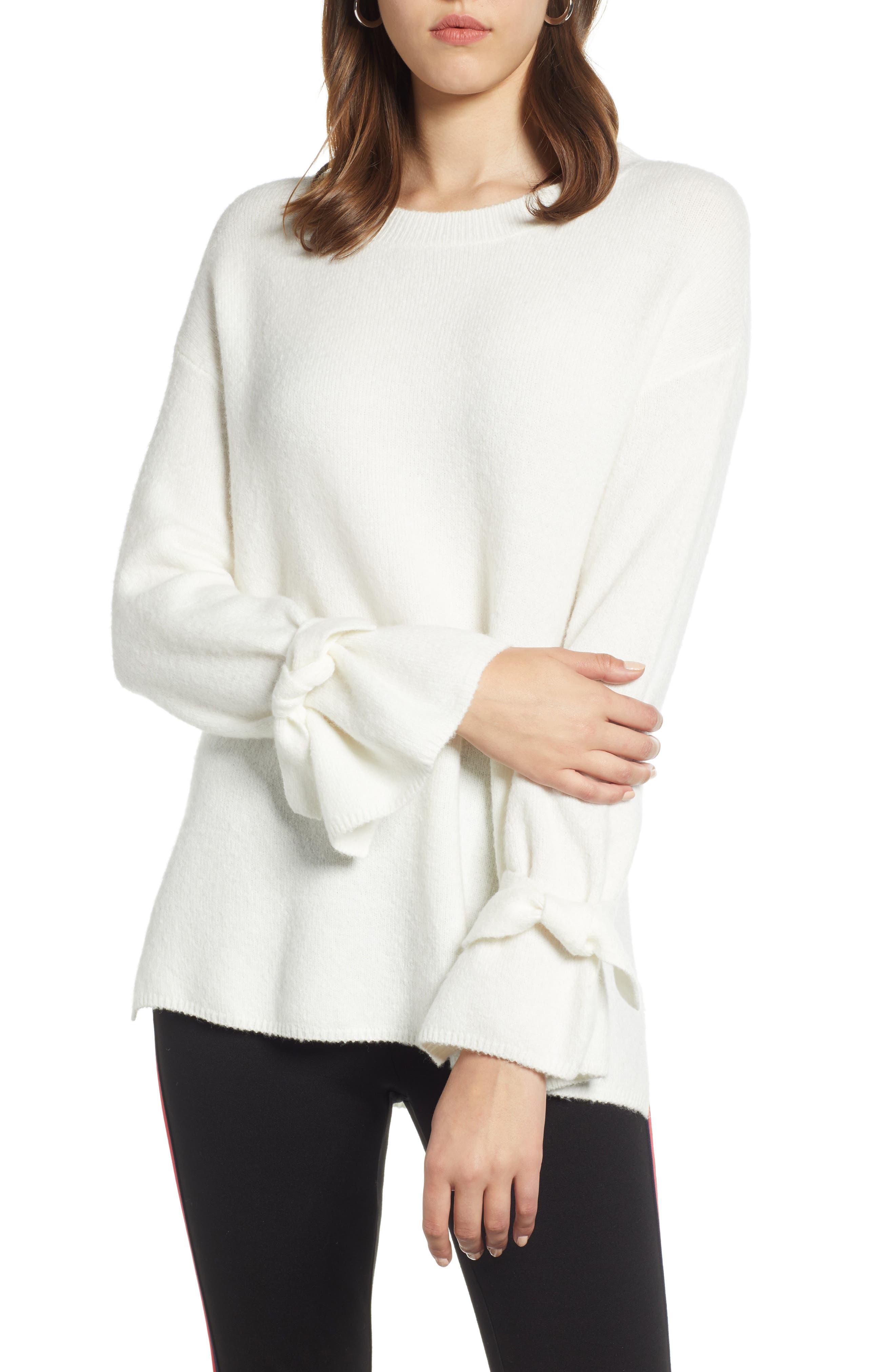 Halogen Tie Sleeve Wool Blend Sweater, Ivory