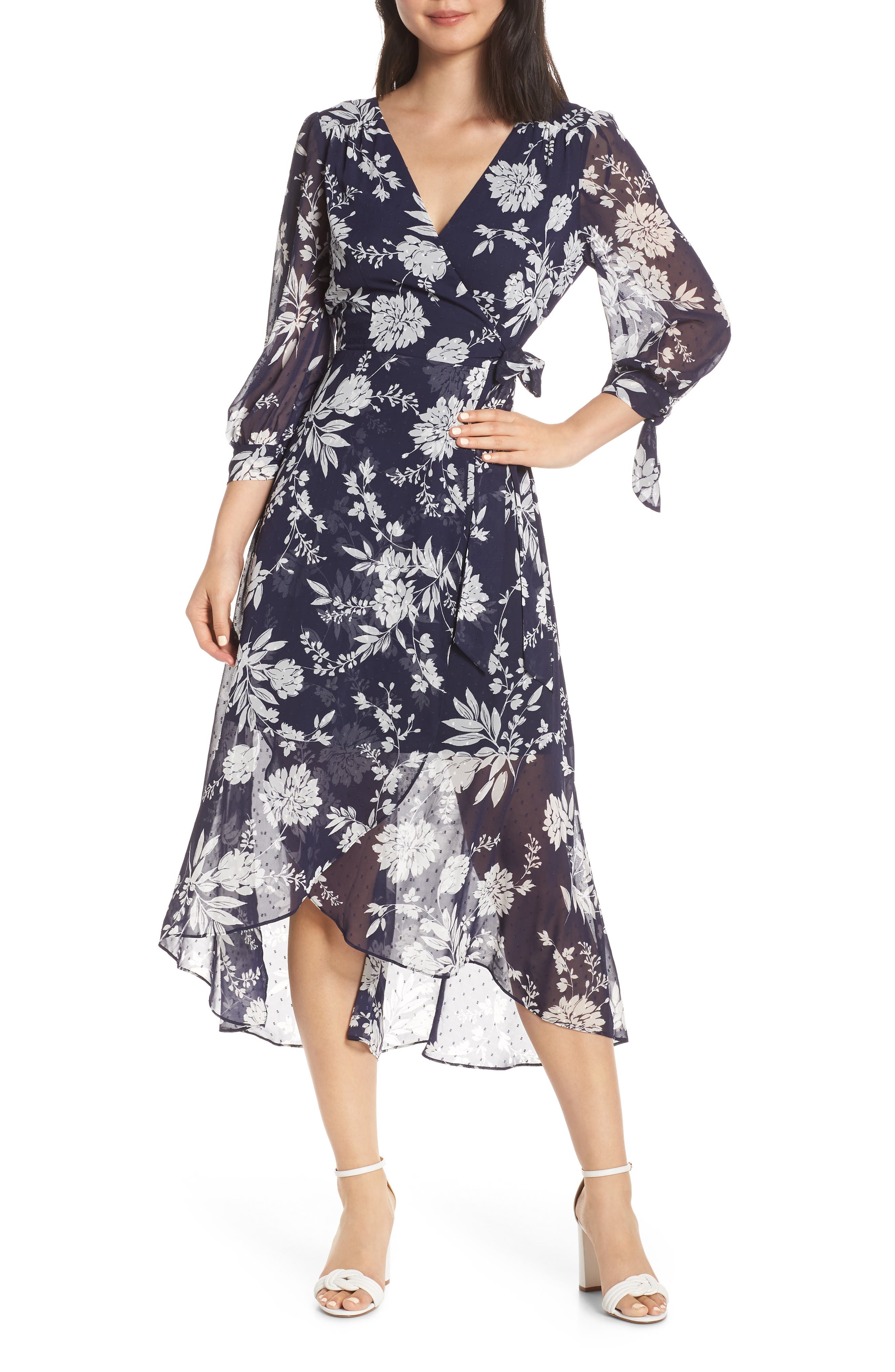 Eliza J Floral Print Faux Wrap Dress, Blue