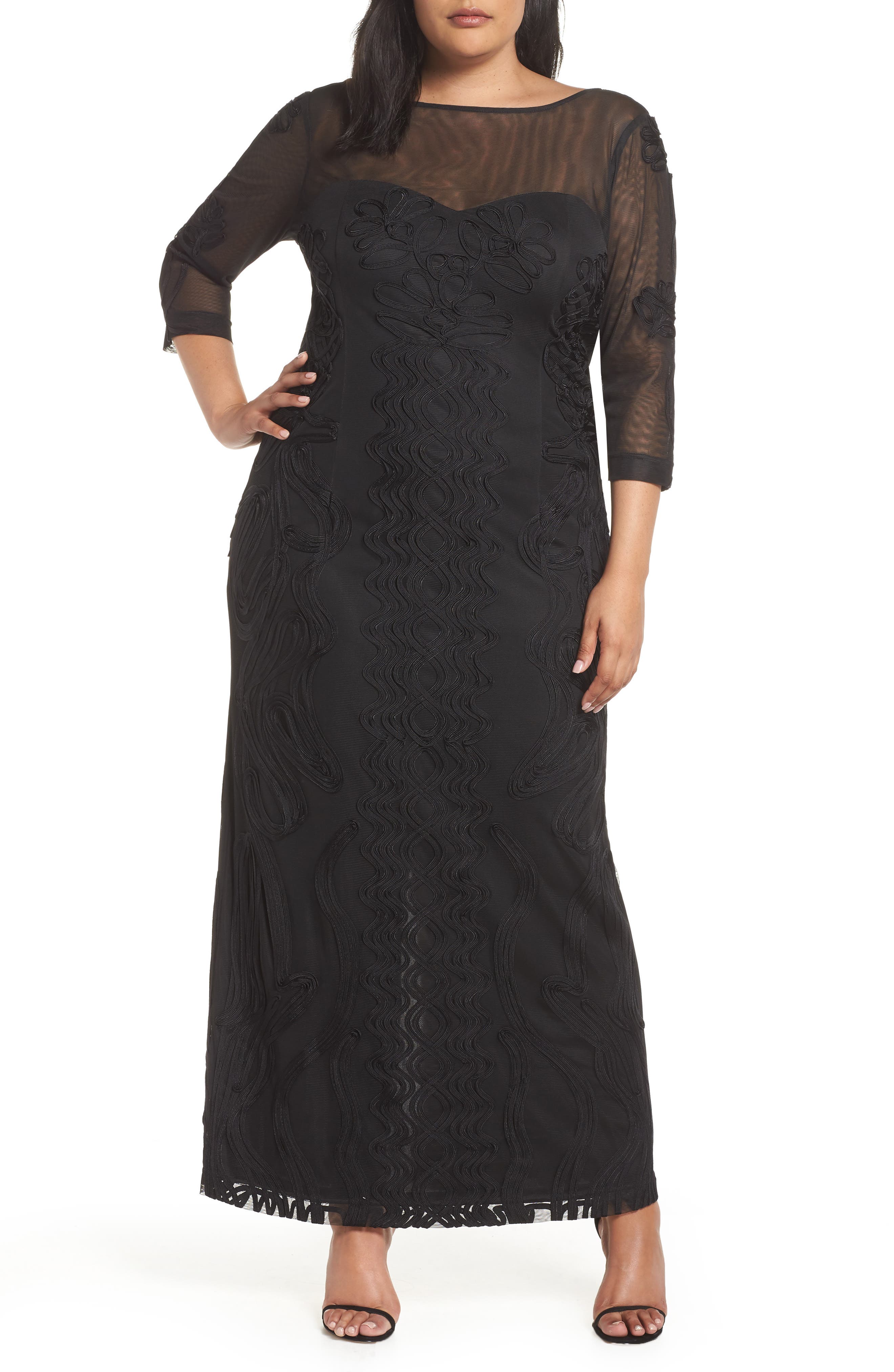 Plus Size Js Collections Soutache Trim Mesh Column Gown, Black