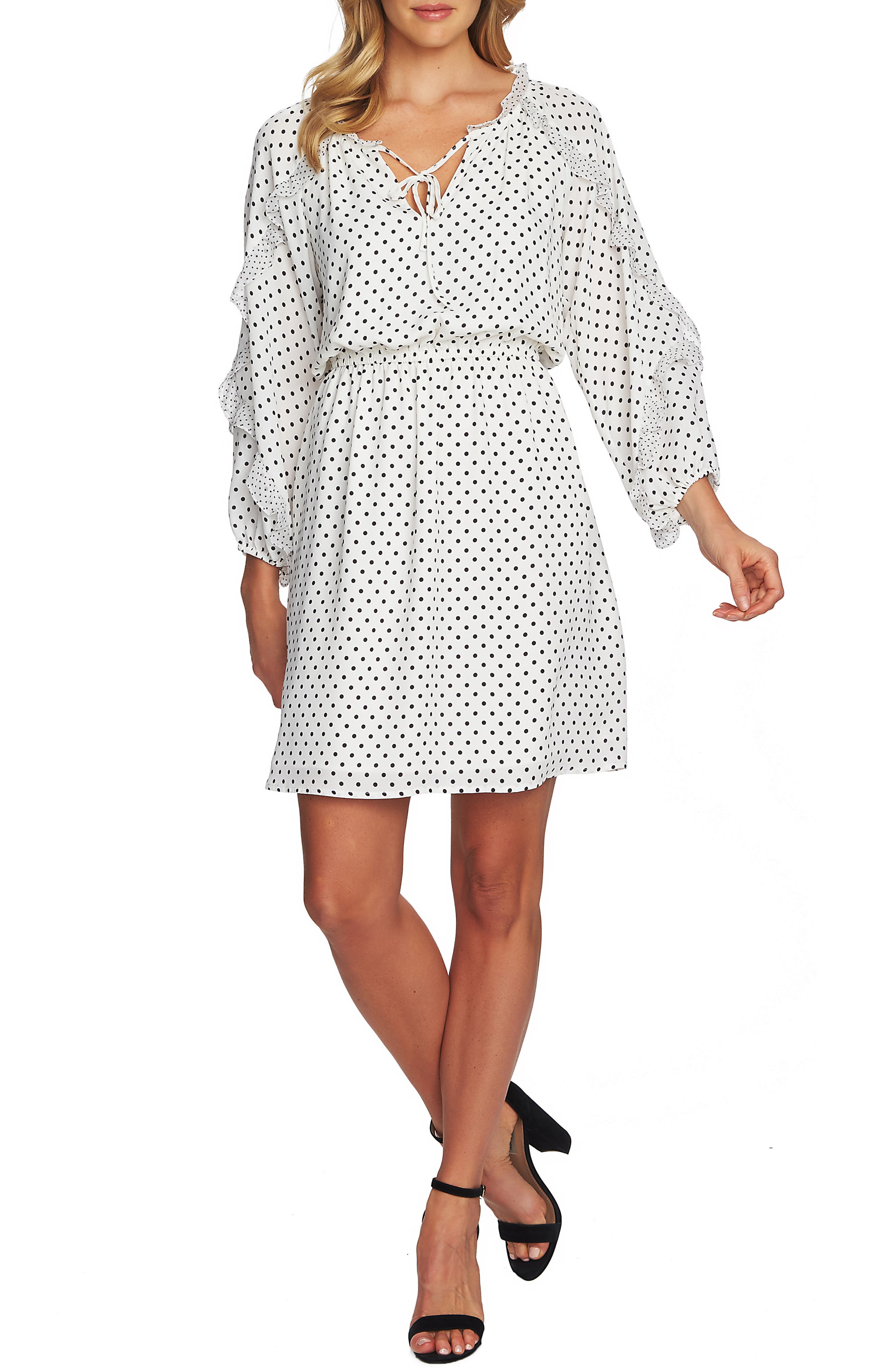 Cece Mix Dot Ruffle Dress, Ivory