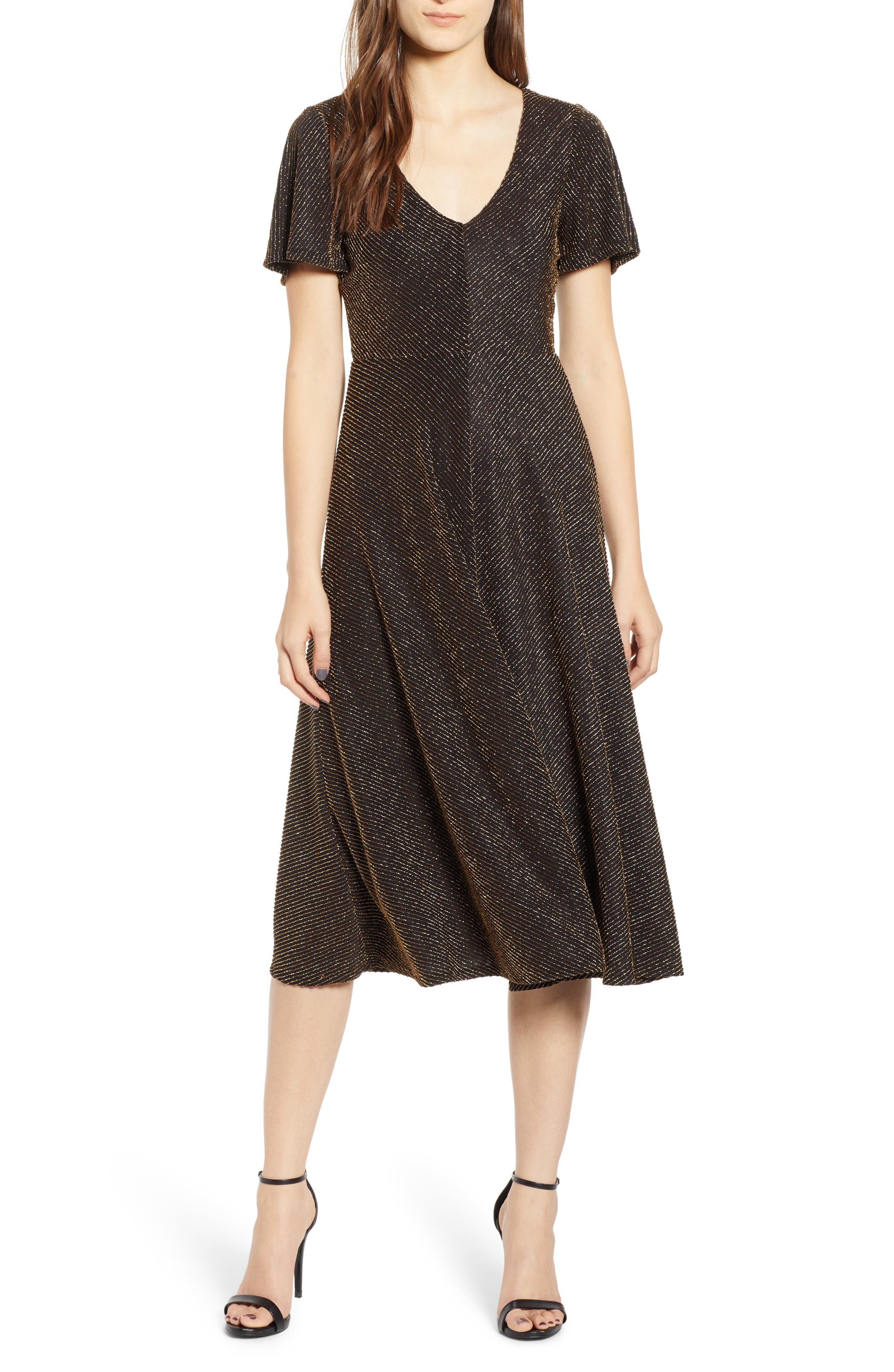 Leith Metallic Stripe Midi Dress, Black