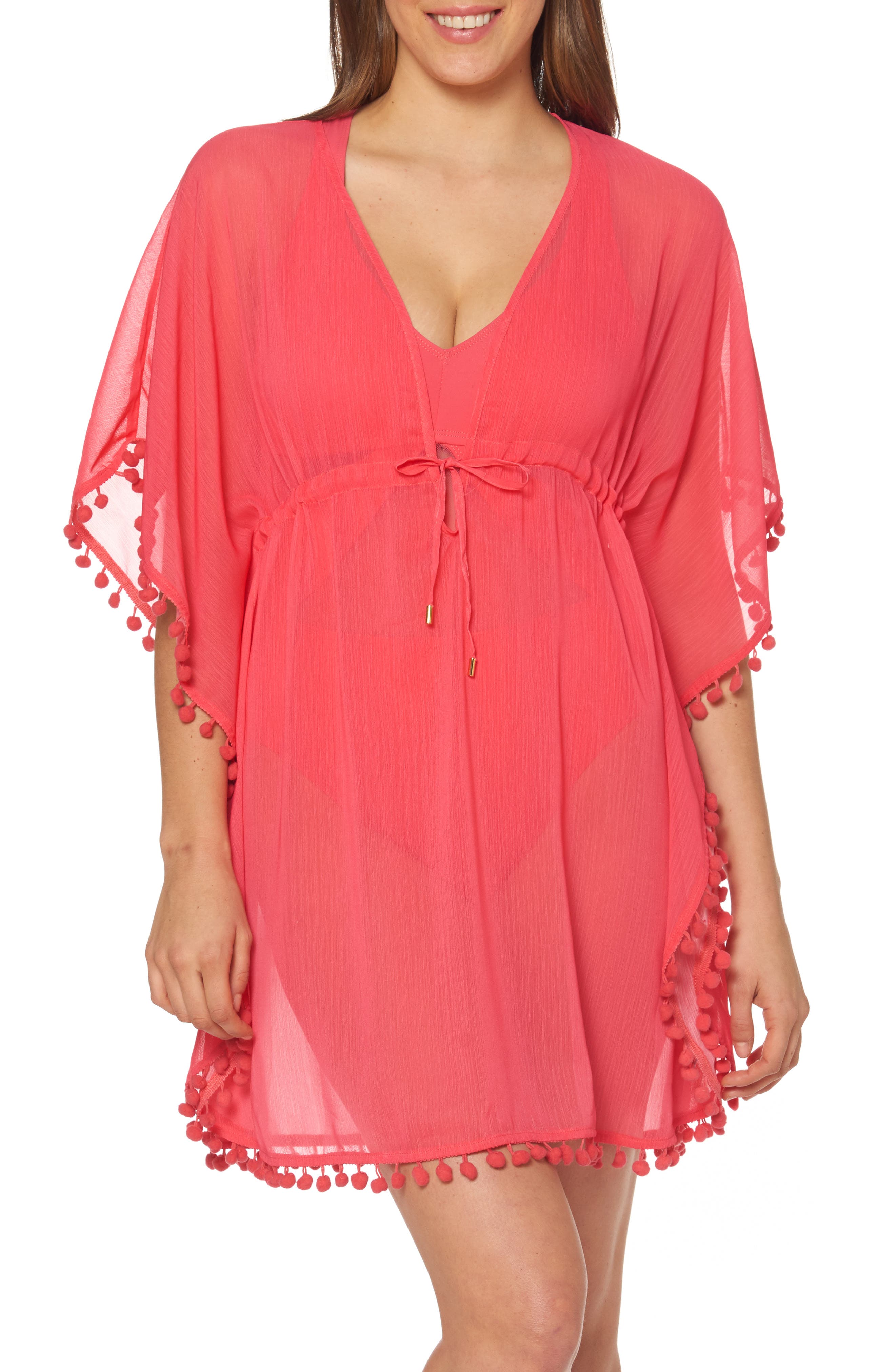 Bleu By Rod Beattie Pom Trim Cover-Up Caftan, Red