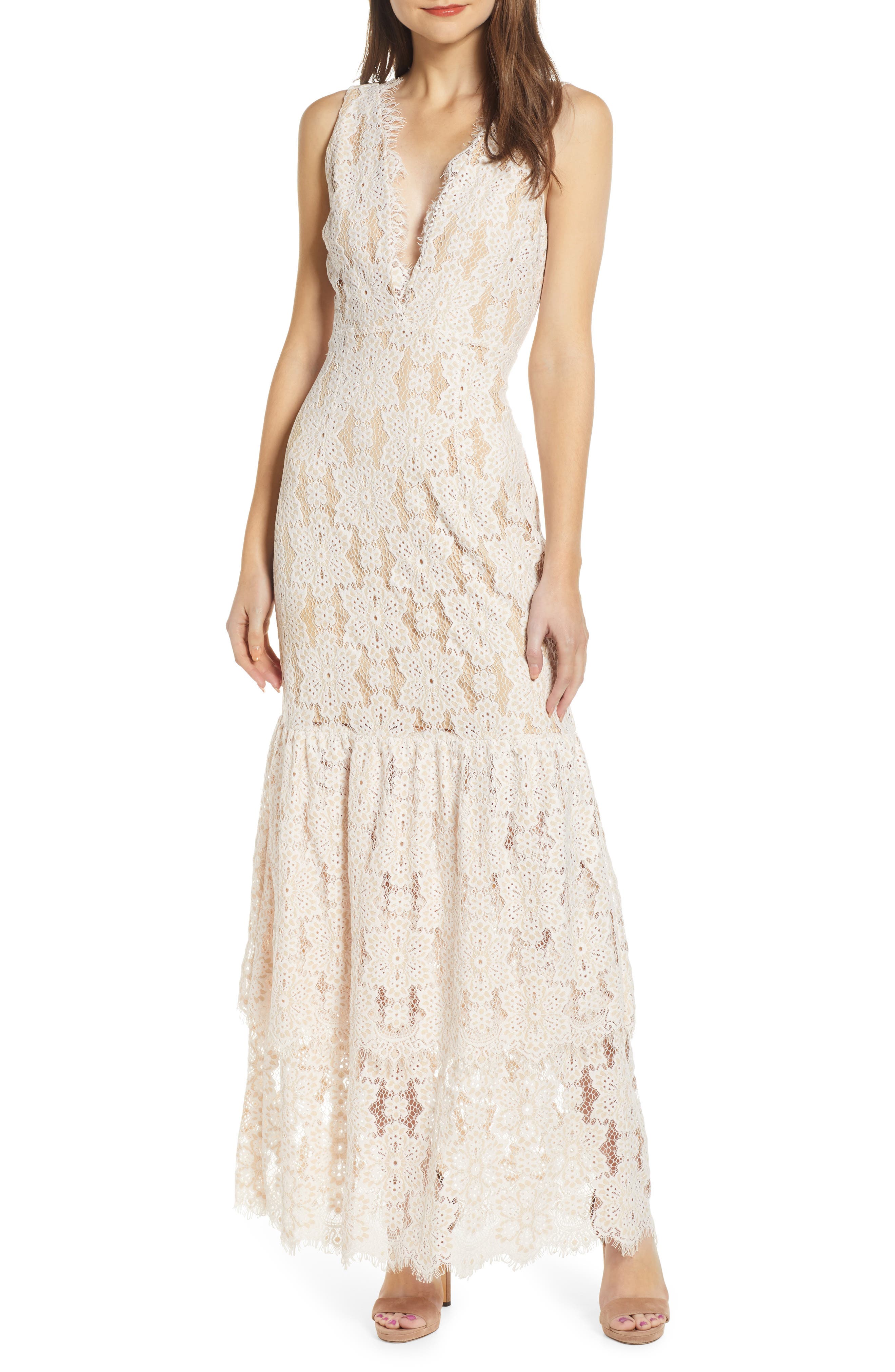 Wayf Meander Tiered Lace Cotton Blend Maxi Dress, Ivory
