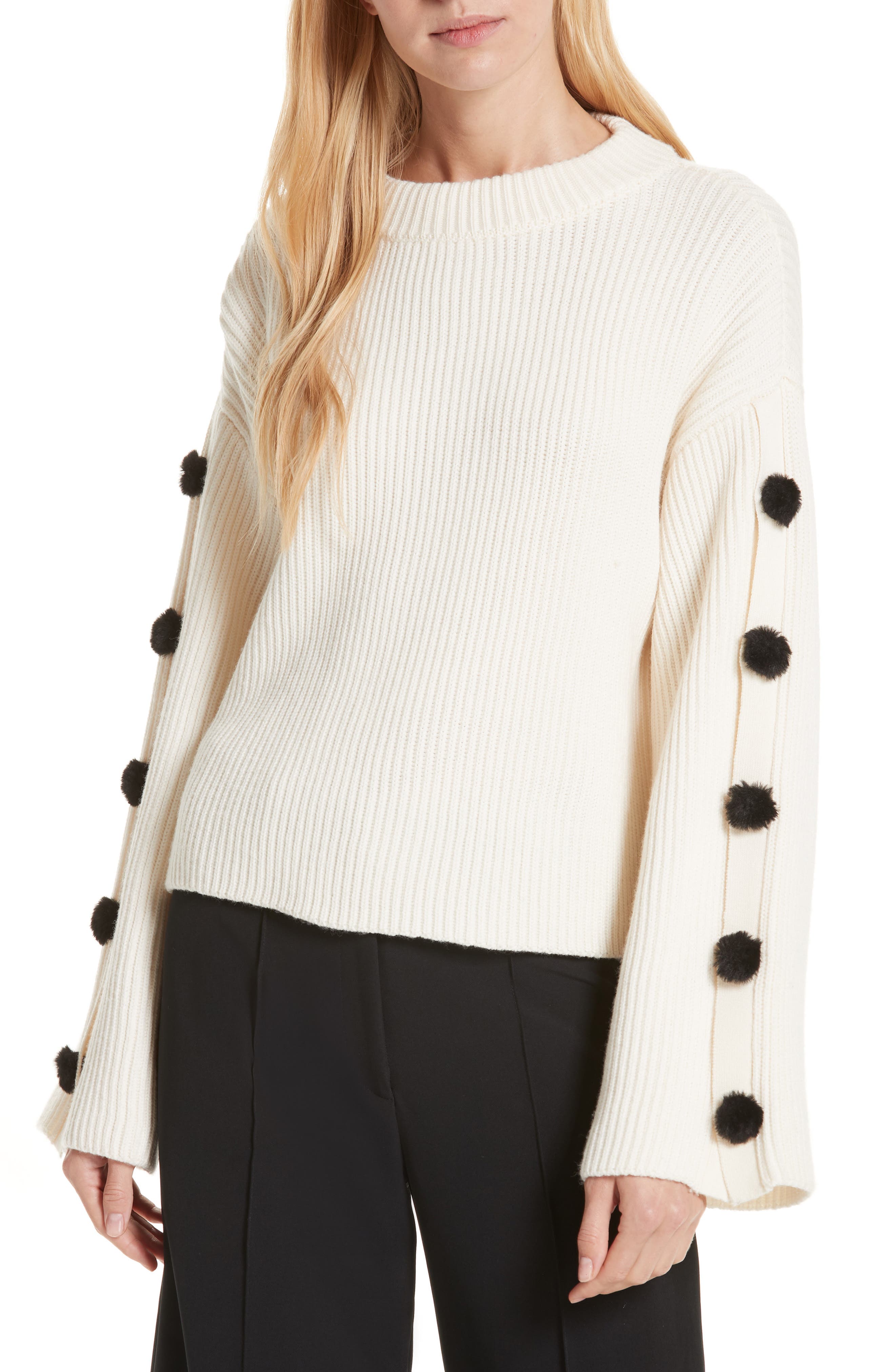 Milly Faux Fur Button Wool Sweater, Size Petite - White