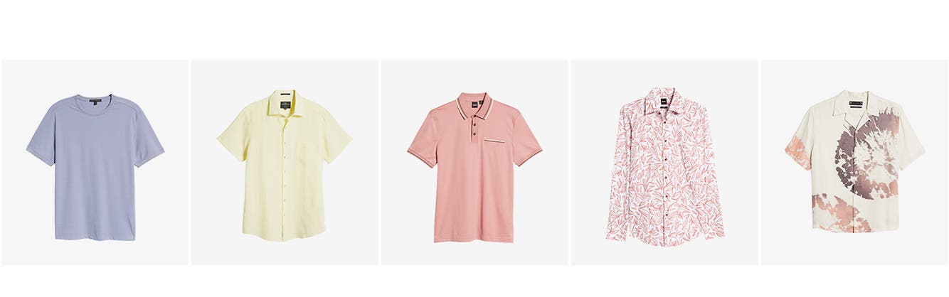 A lavender crewneck T-shirt. A light-yellow, short-sleeve, button-up shirt. A coral pink polo shirt with tipped collar. A pink and white floral dress shirt. A tie-dye camp shirt.