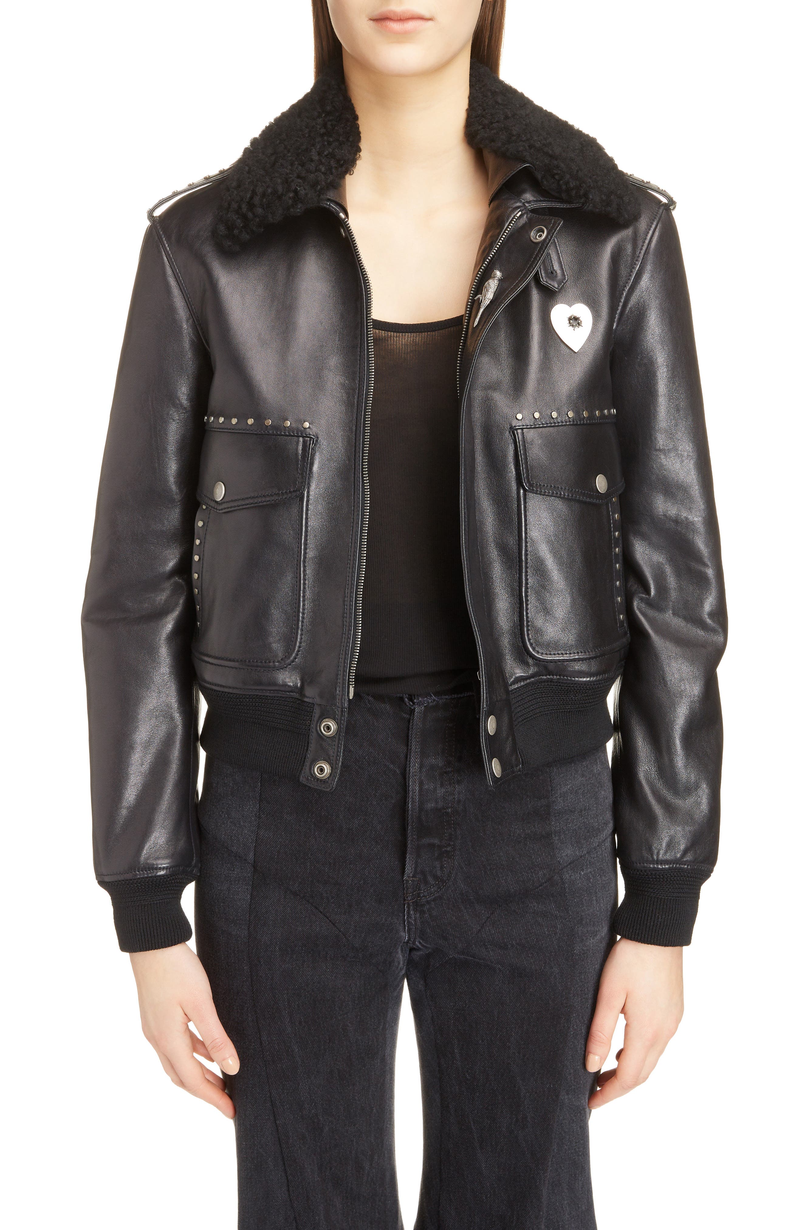 Saint Laurent Leather Flight Jacket With Genuine Shearling Collar