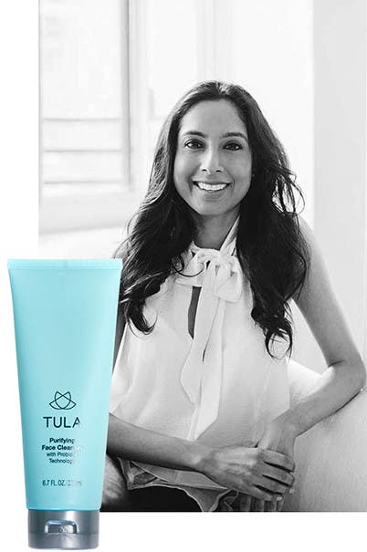 TULA Probiotic Skincare founder Roshini Raj and Purifying Face Cleanser. 