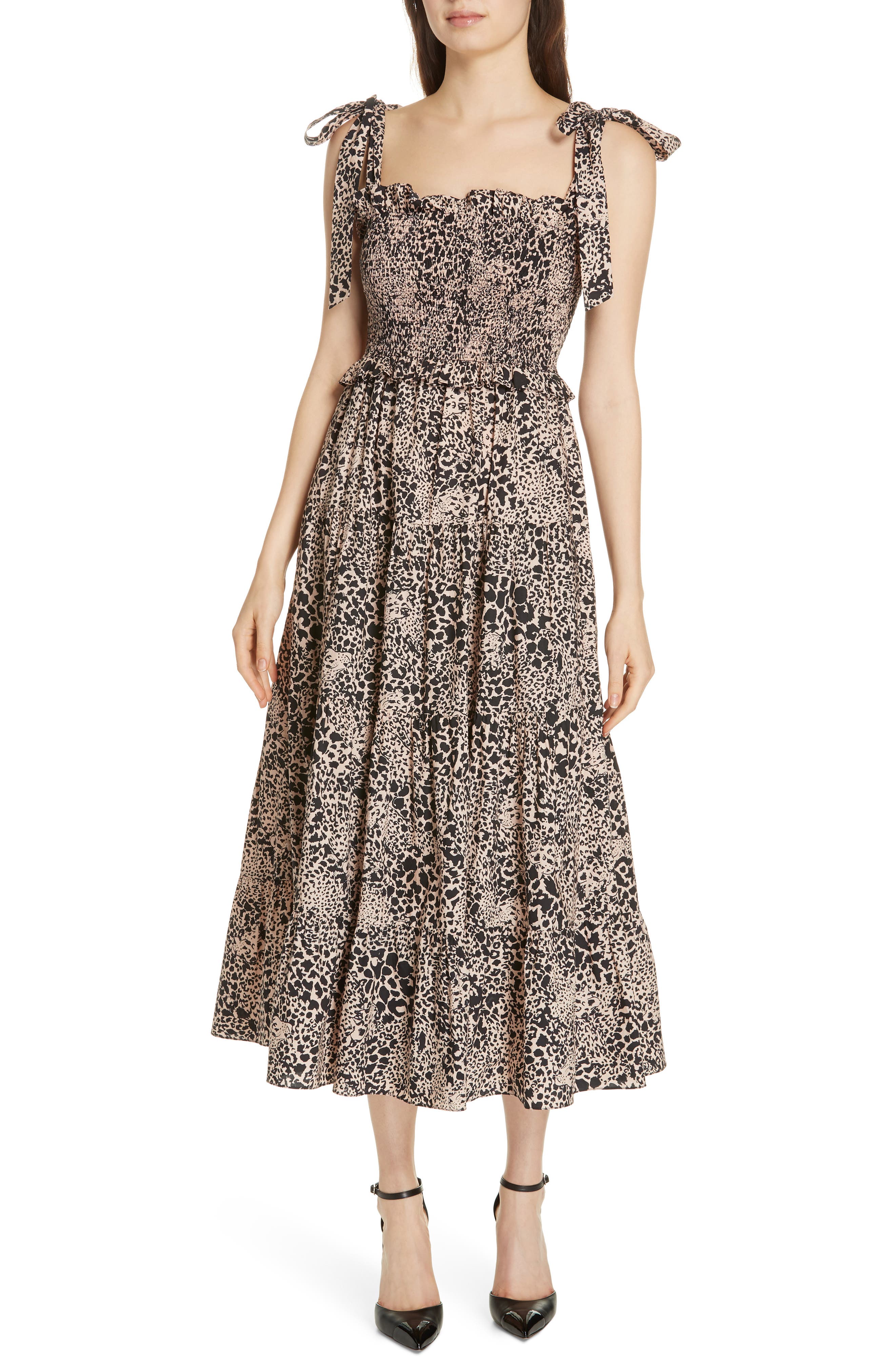 Rebecca Taylor Leopard Print Smocked Dress, Black
