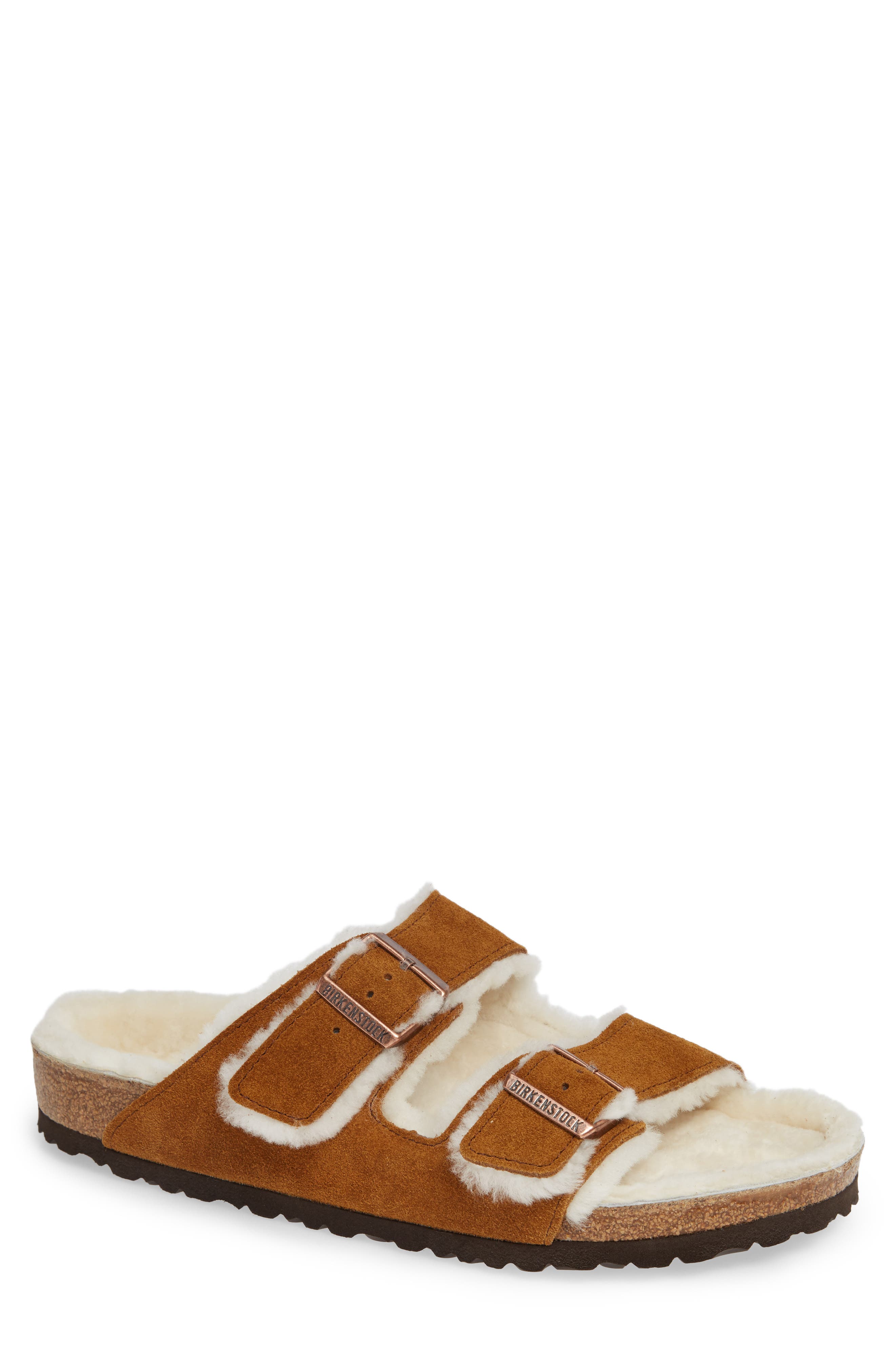 Birkenstock Arizona Slide Sandal With Genuine Shearling,10.5 - Brown