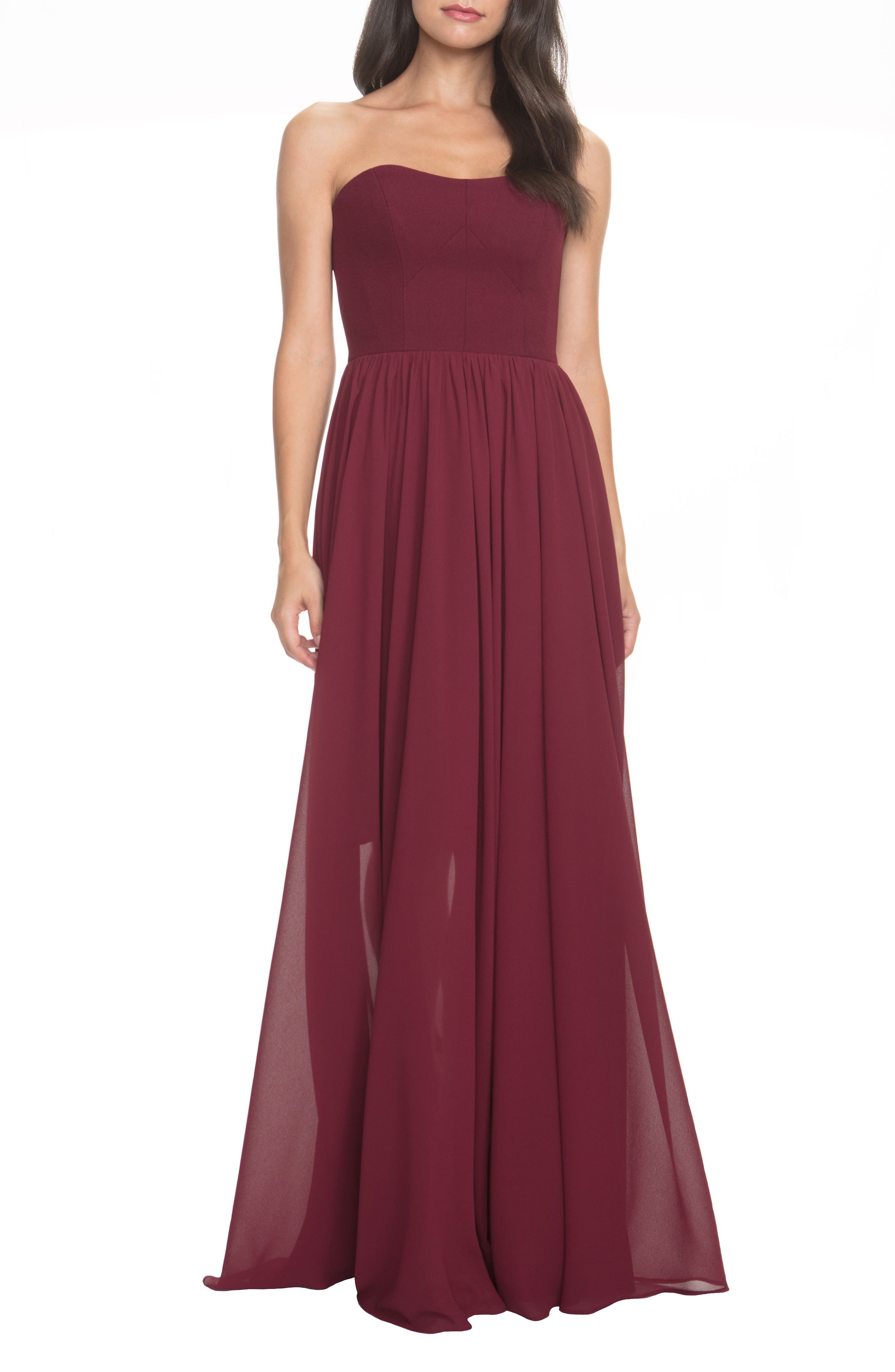 Dress The Population Ella Strapless Crepe Chiffon Gown, Burgundy
