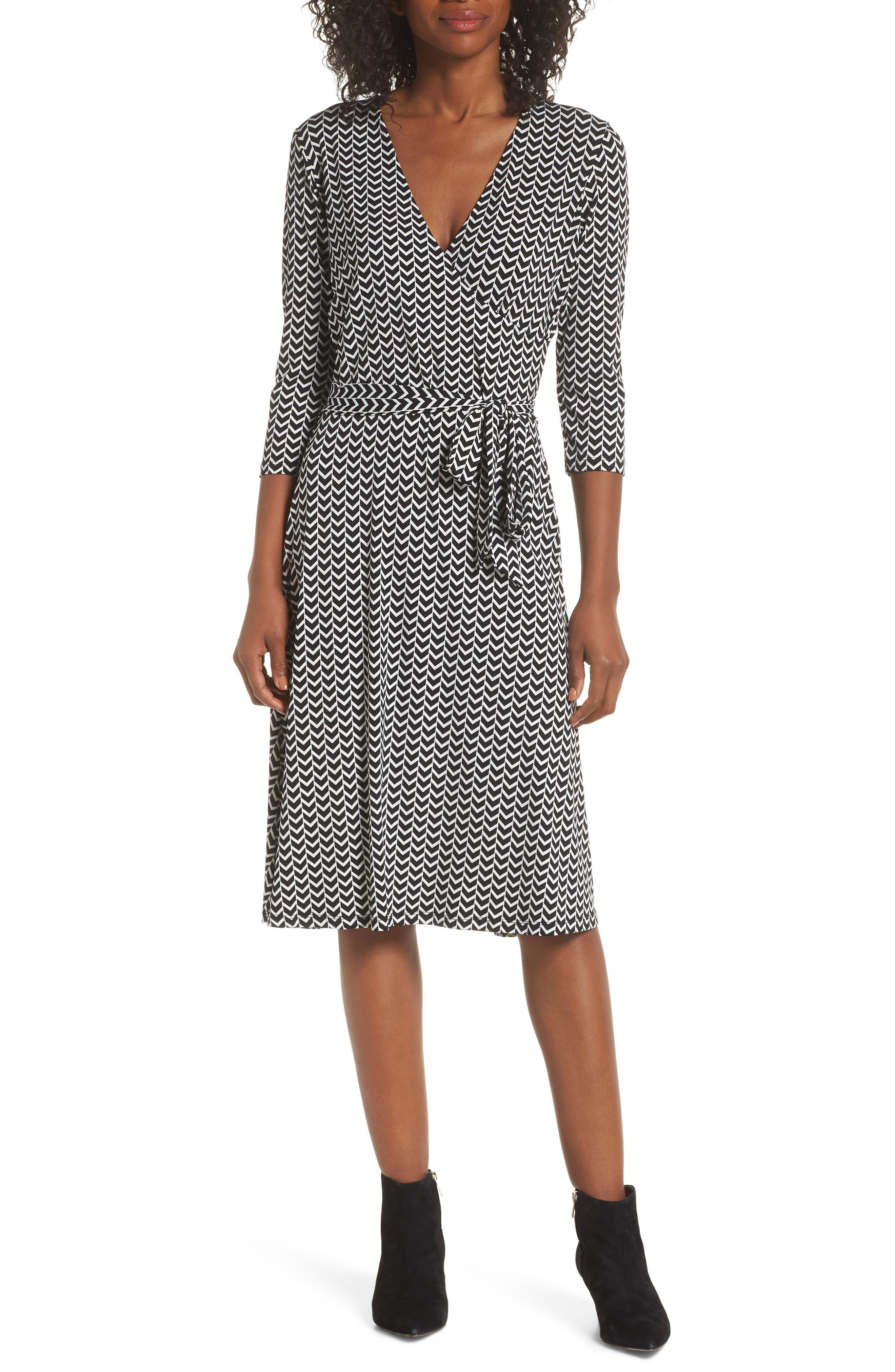 Leota Print Jersey Faux Wrap Dress, Black
