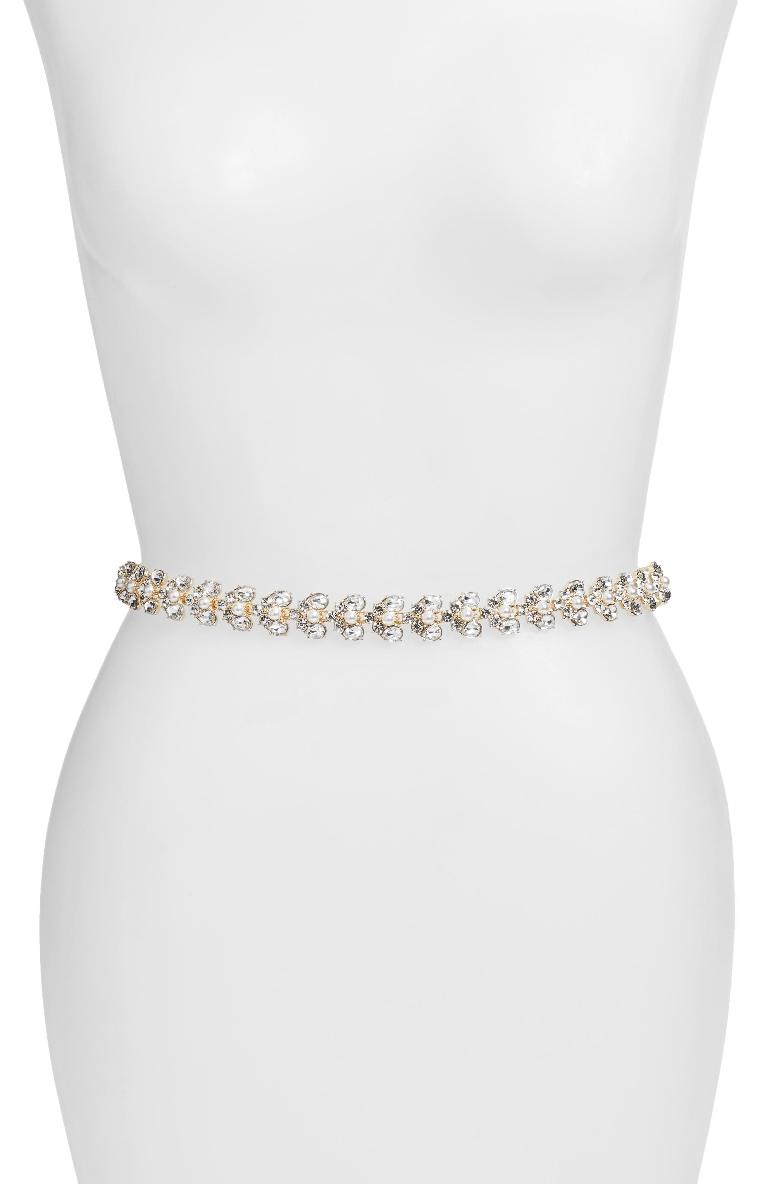 Kate Spade New York Crystal & Imitation Pearl Belt, Cream/ Crystal/ Gold