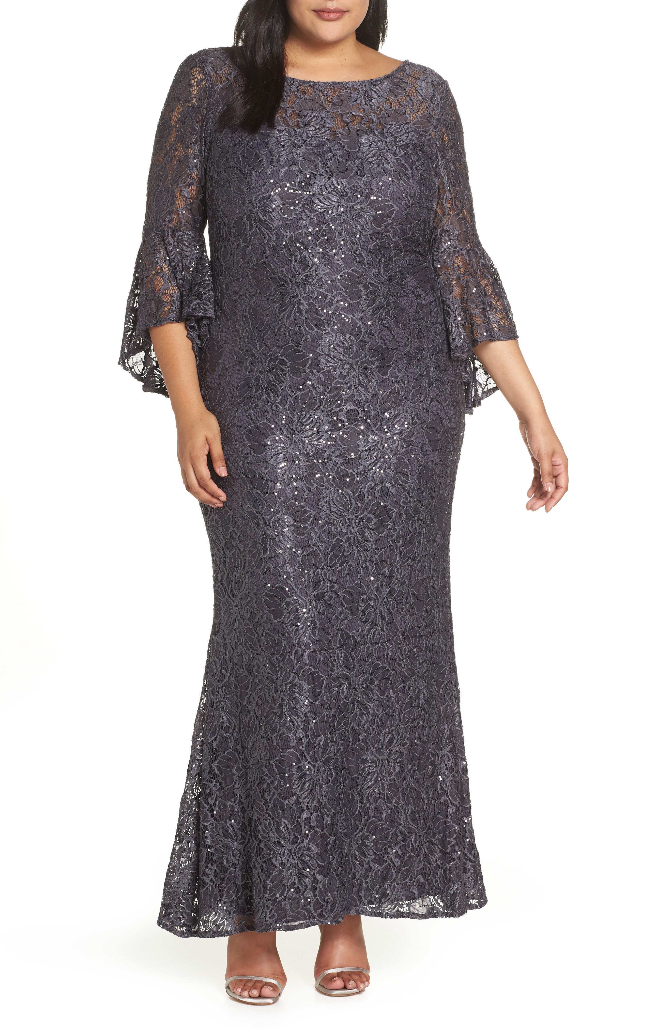 Plus Size Morgan & Co. Lace Bell Sleeve Gown, Grey