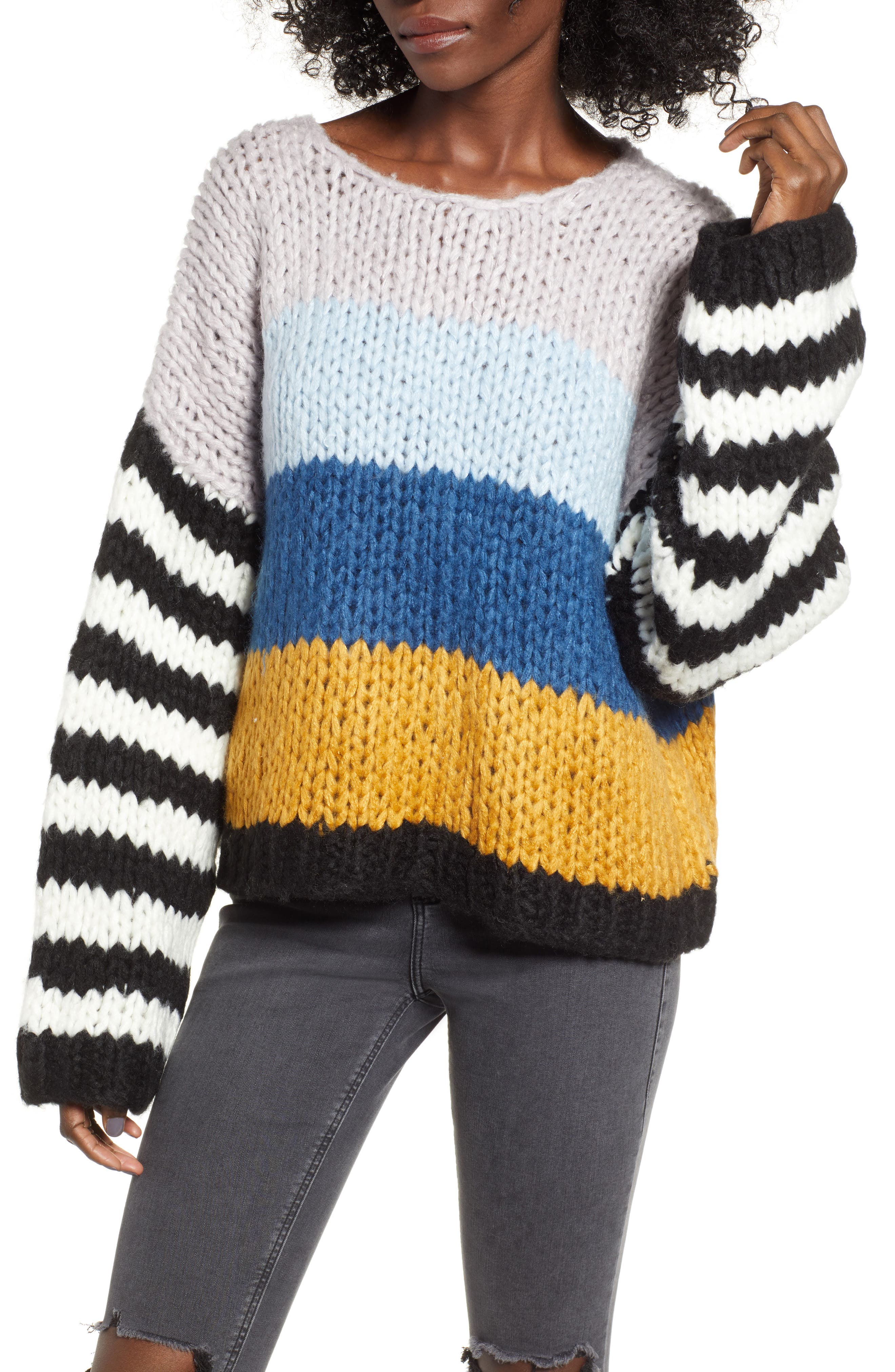 Blanknyc Mixed Signals Mix Stripe Sweater, Grey