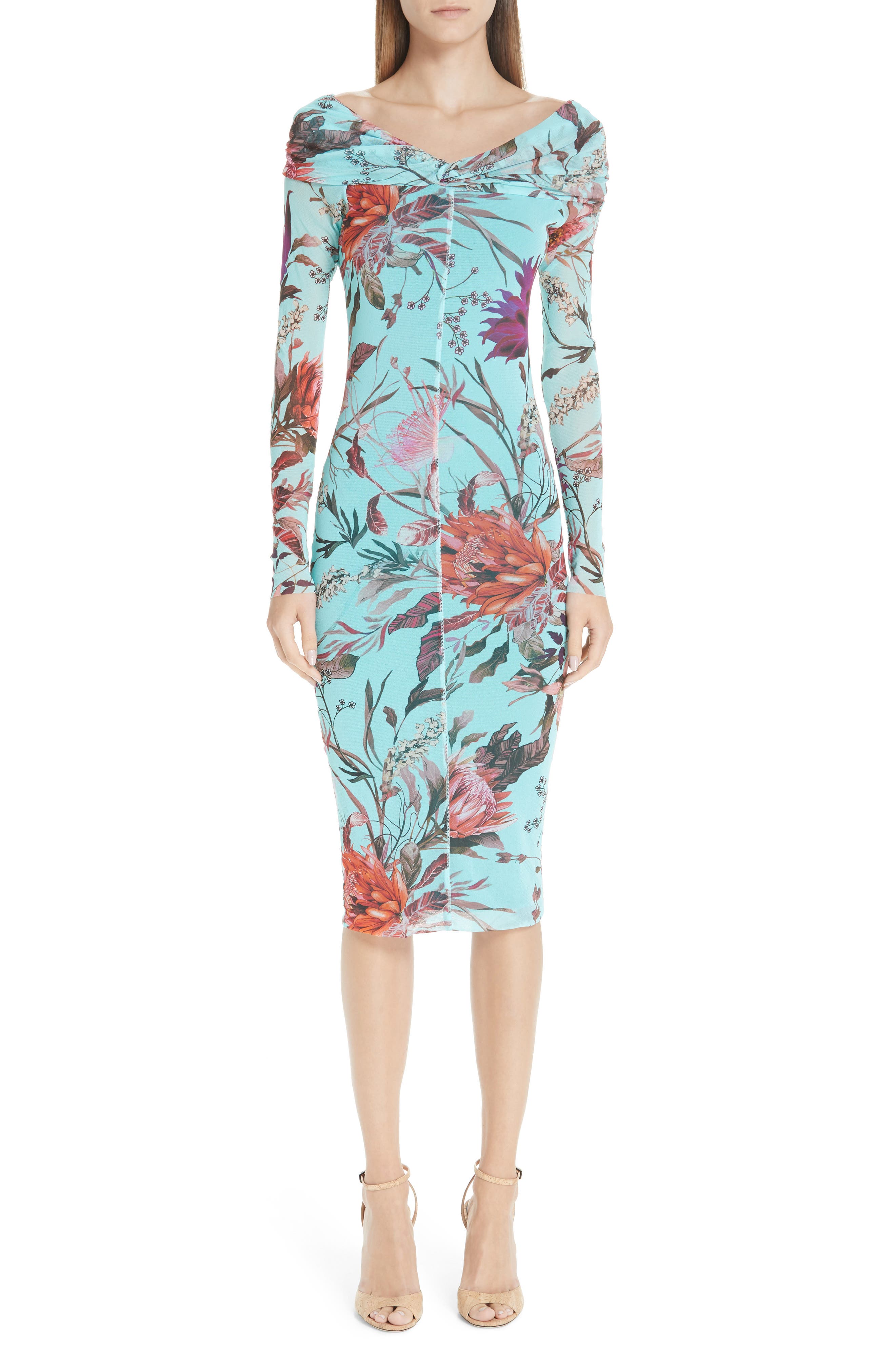 Fuzzi Floral Tulle Off The Shoulder Dress, Blue
