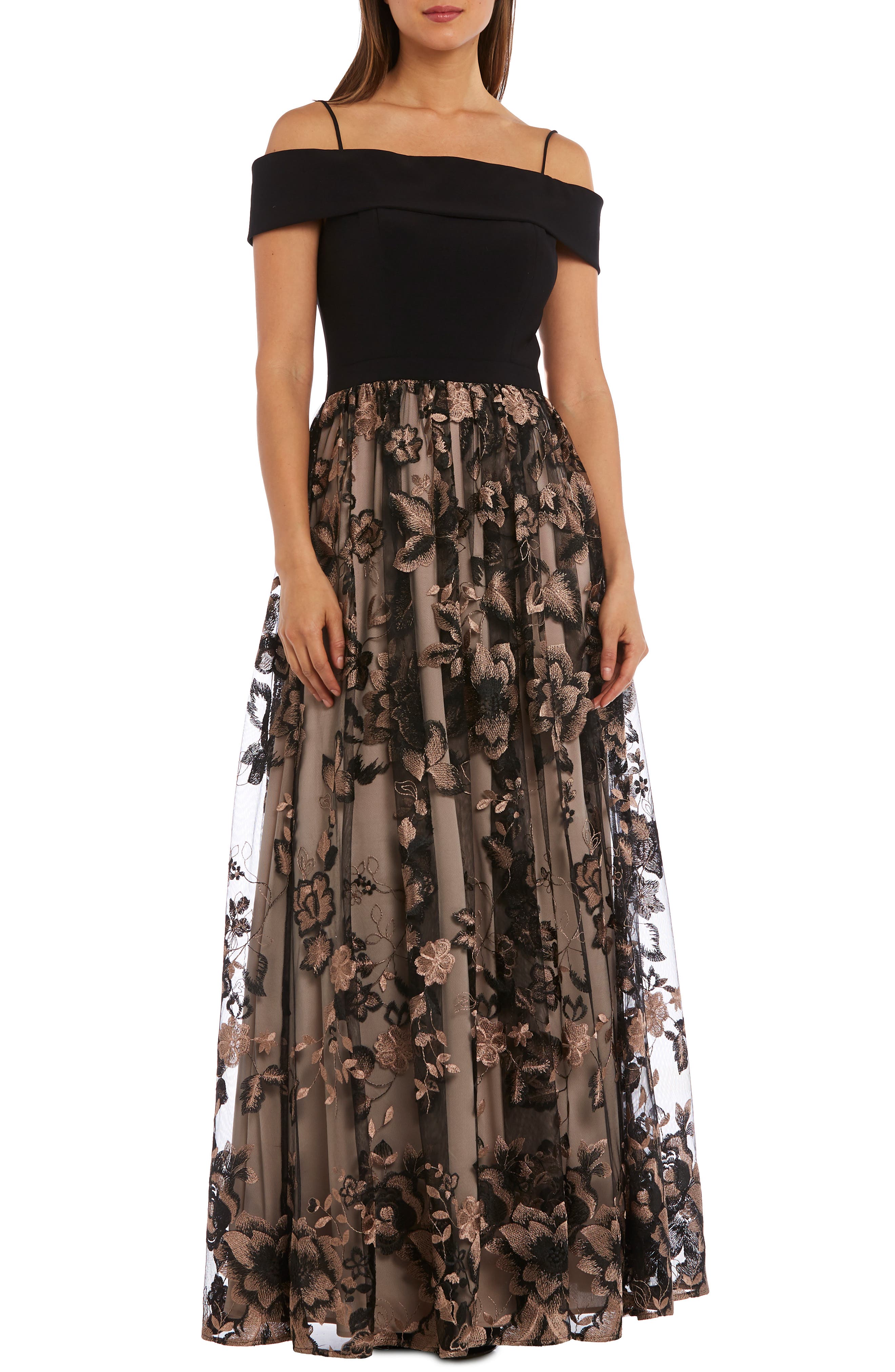 Morgan & Co. Off The Shoulder Bodice Embroidered Chiffon Gown
