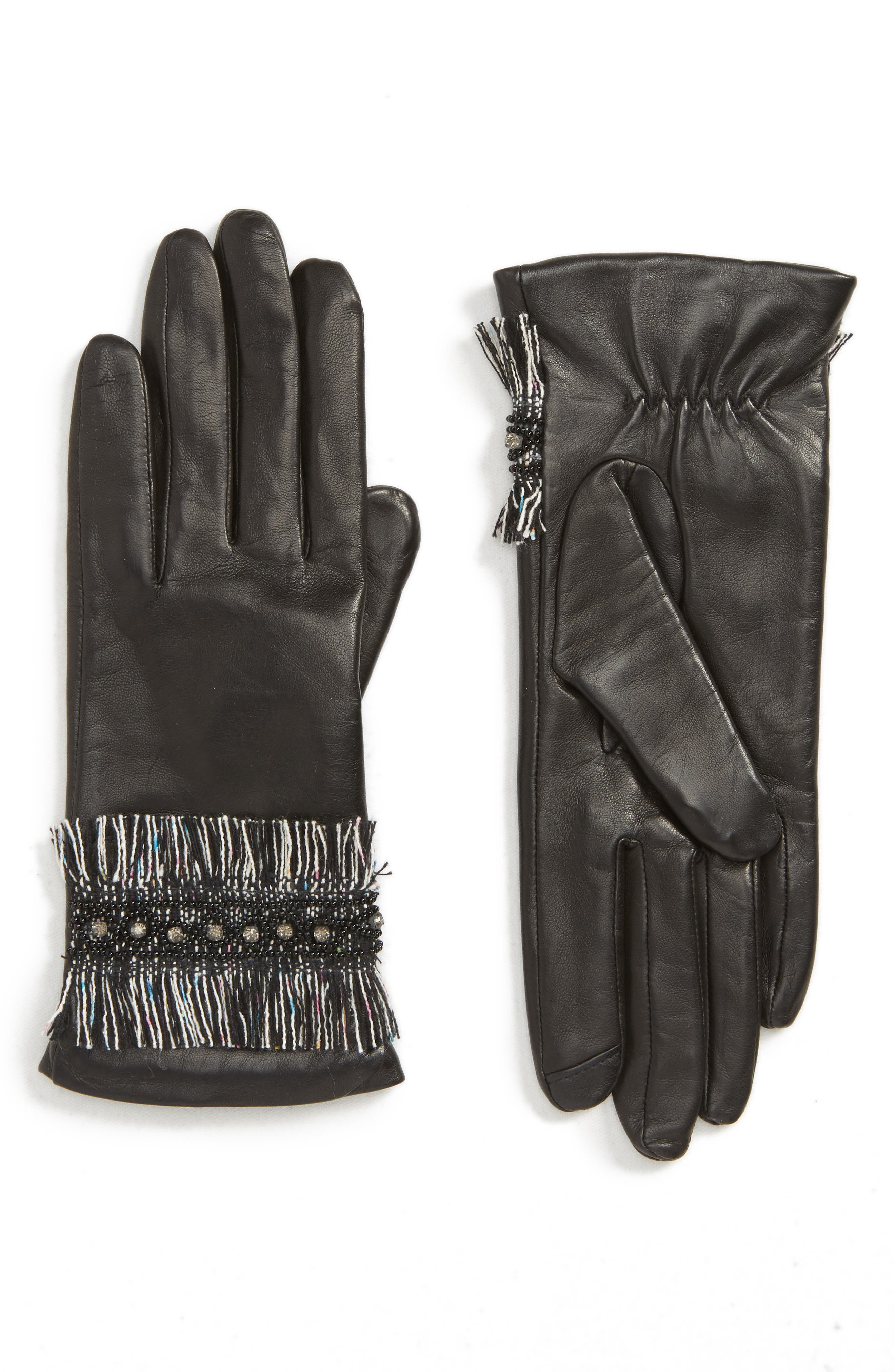 Badgley Mischka Fringe Cuff Leather Touchscreen Gloves, Black
