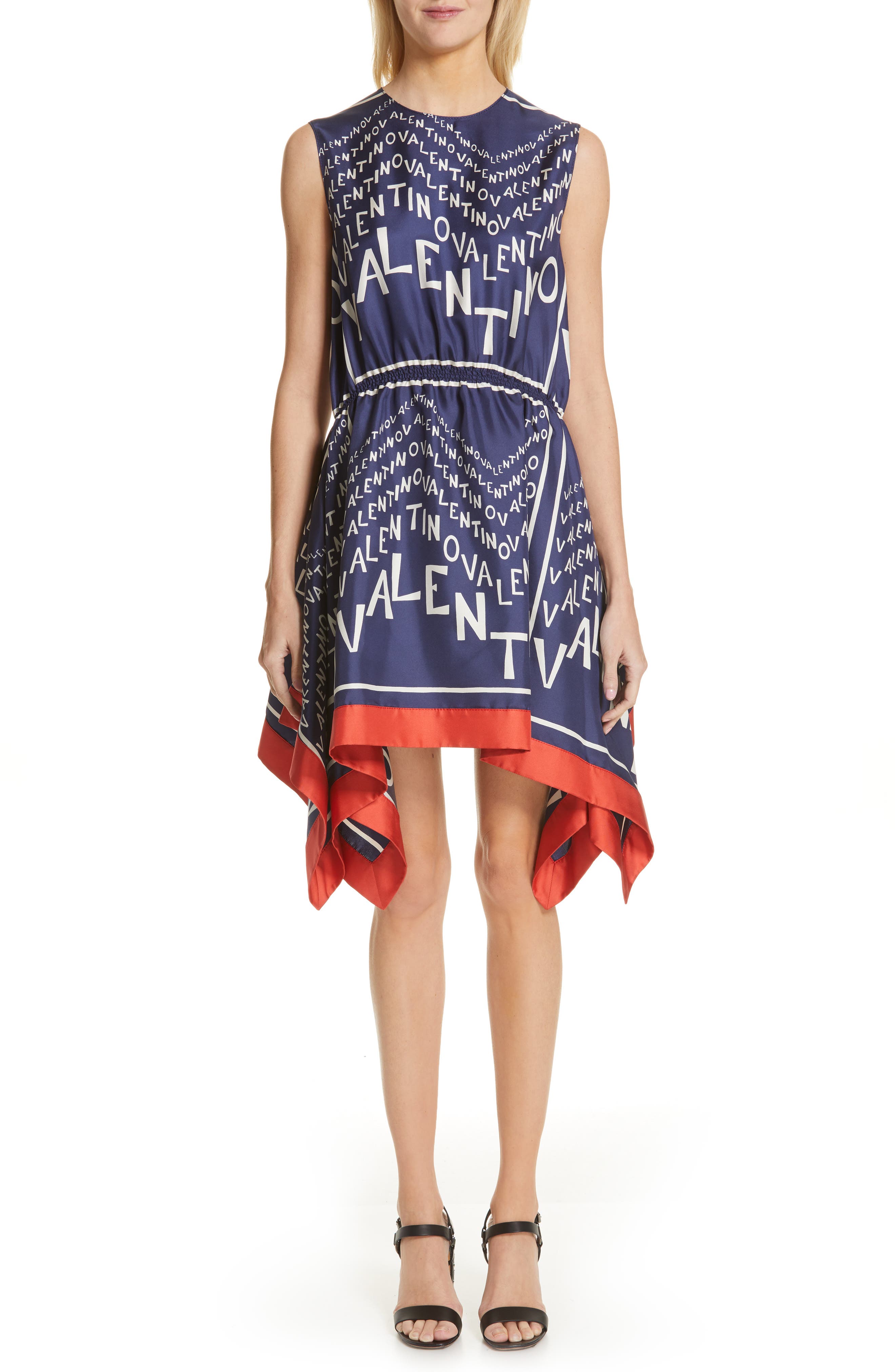 Valentino Puzzle Print Silk Twill Dress, Blue