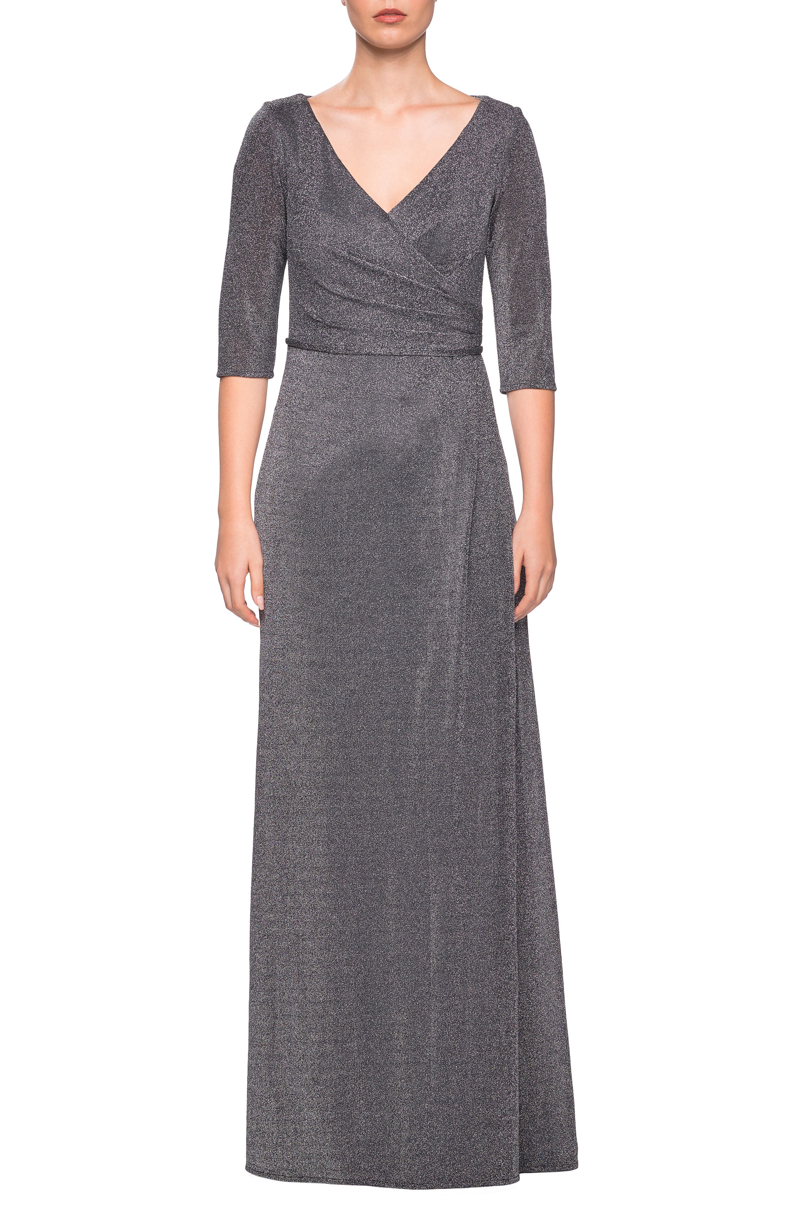 La Femme Sparkle Column Gown, Grey
